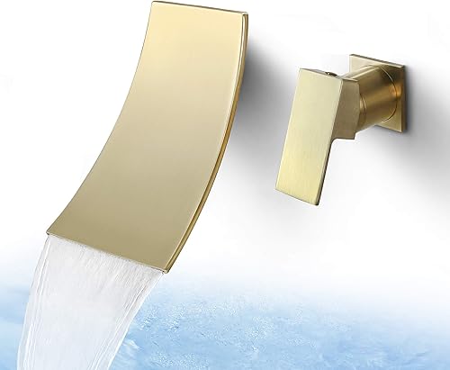 SKOWLL Grifo de fregadero de baño de montaje en pared de una sola manija, juego de grifo moderno de cascada de oro cepillado, boquilla de cascada
