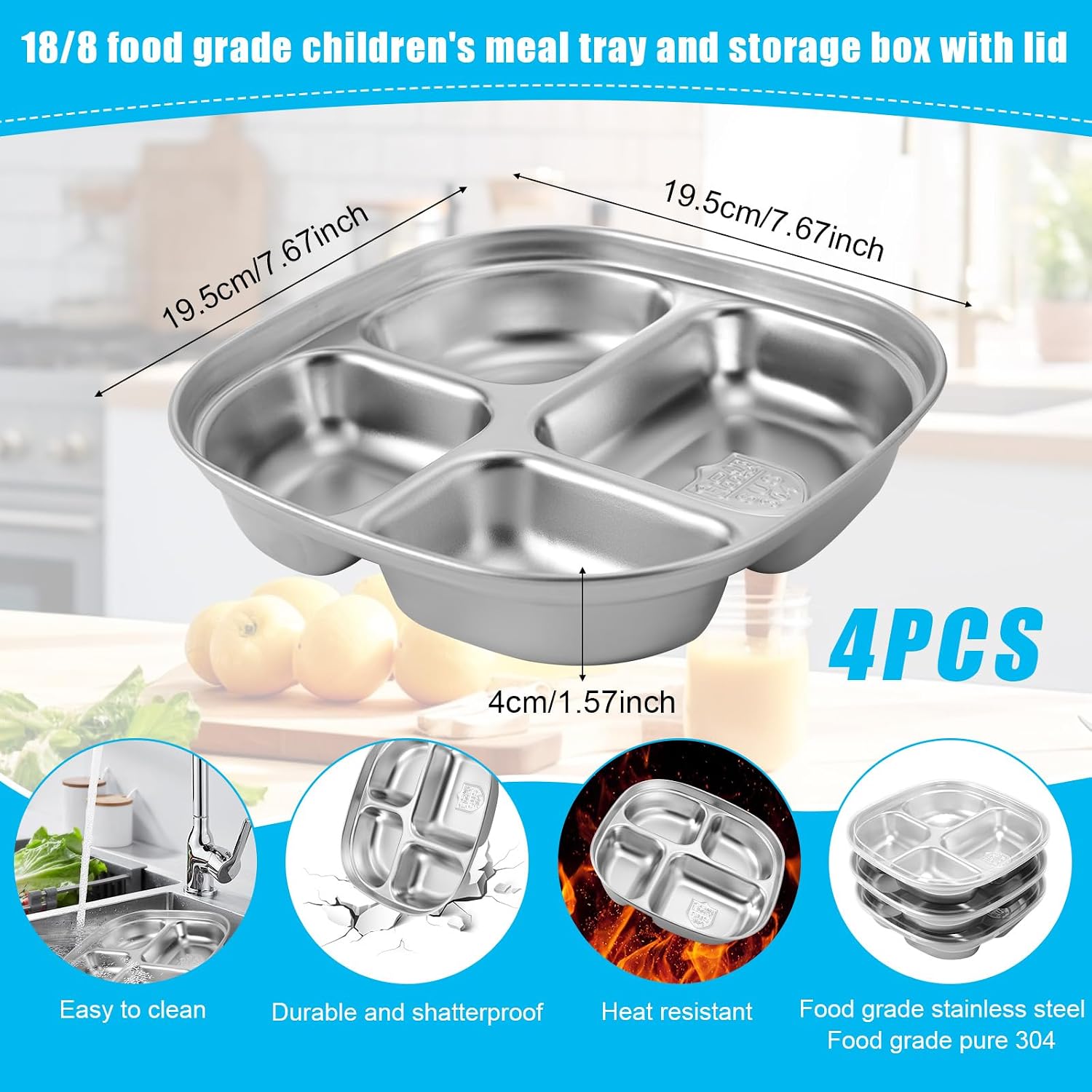 BOXOB 4 Pcs Stainless Steel Kids Plates with Lids, BPA Free Toddler Divided Bento Snack Food Containers Feeding Supplies for Toddlers Kids Babies