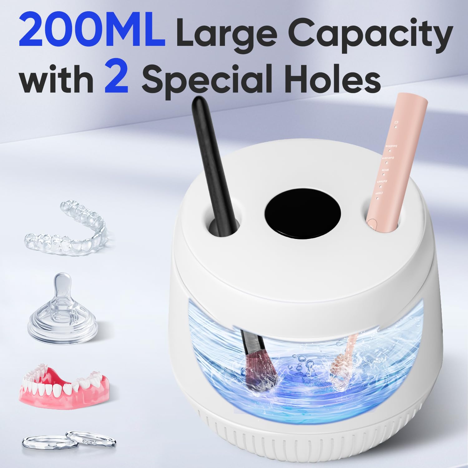 MySmile Limpiador ultrasónico de retención - Máquina limpiadora de dentaduras postizas de 45 kHz con capacidad de 200ml para alineador, protector bucal (blanco)