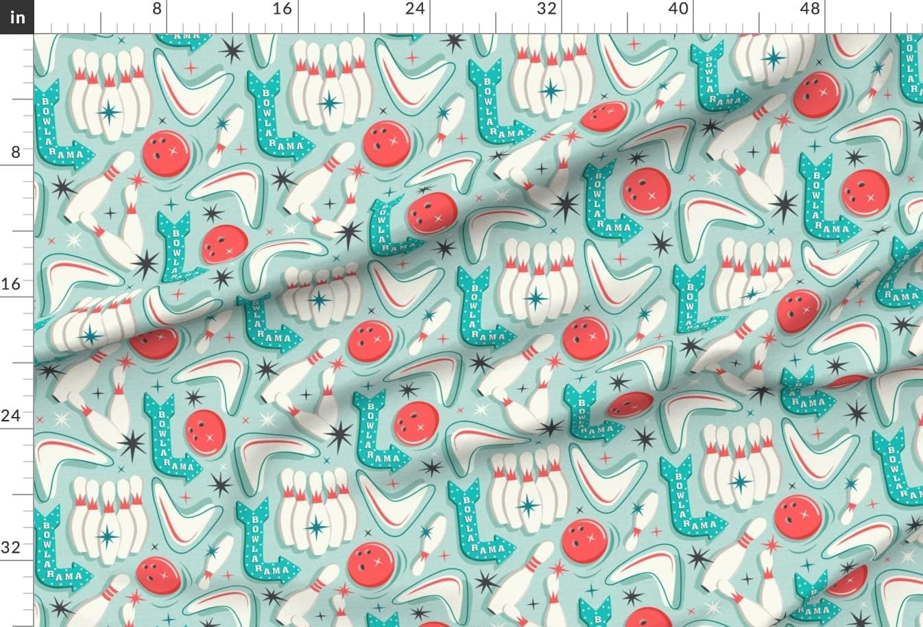 Spoonflower Fabric - Bowl Retro Bowling Aqua Vintage 1950S Home Decor Printed on Upholstery Velvet Fabric Fat Quarter - Upholstery Home Decor Bottomweight Apparel