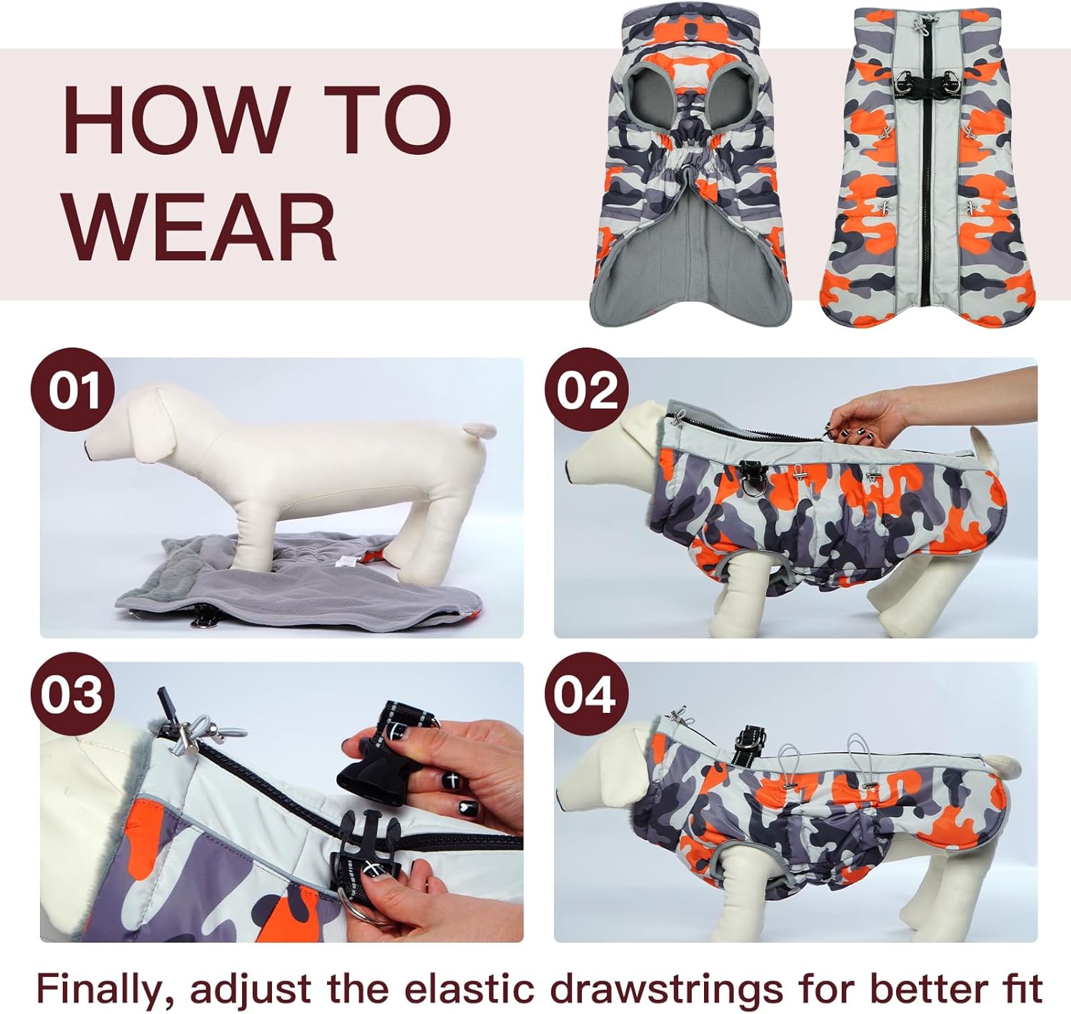 Dog Coat Dog Winter Jacket-3X Large, Warm Dog Coat Zip Up Snowsuit Dog Harness Vest Reflective Water-Resistant Dog Coat Dog Snow Jacket for Large Dogs Labrador, Huskyn, Orange-Camouflage