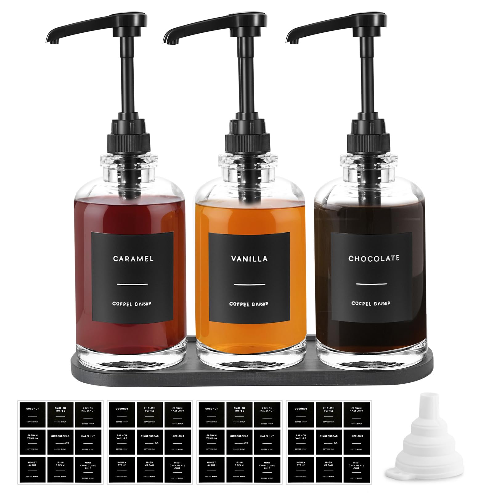 Sunal Kaffeesirupspender mit Tablett, Set mit 3 Glas-Sirupspendern mit 0,6 l großer Pumpe, wasserdichten Etiketten und Trichter, 500 ml Sirup-Pumpflasche für Kaffeebar und Küche (schwarz)