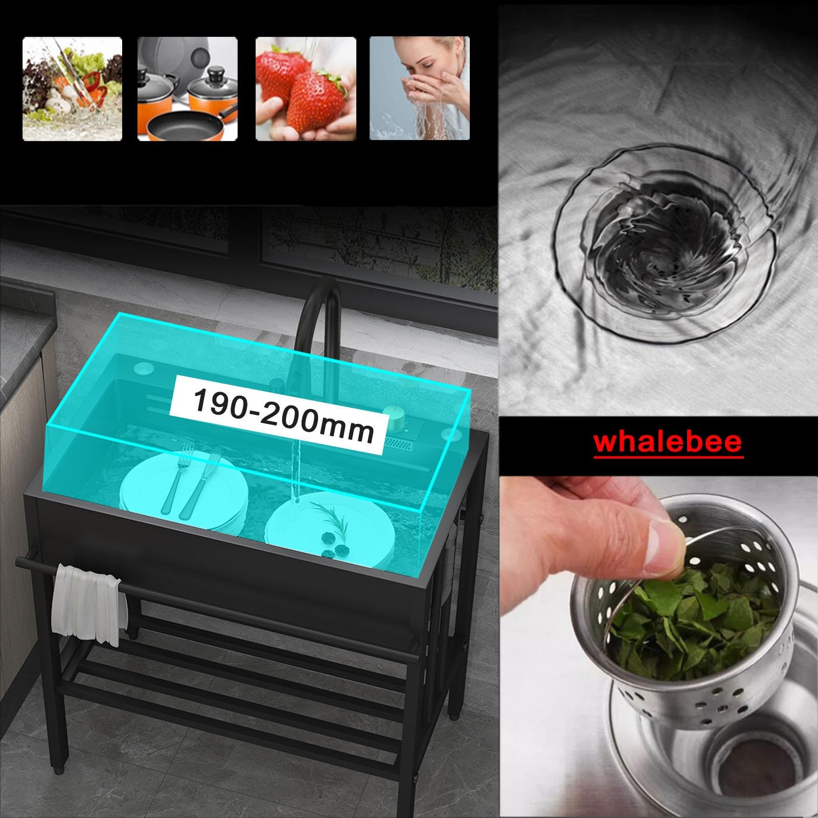 Spüle Spülbecken Edelstahl Mit 360° Drehbar Armatur, Küchenspüle Schwarz, Freistehende Küchenspüle Waschtrog Mit Ständer, Spülbecken Mit Siebkorb Für Restaurant Waschküche Garten