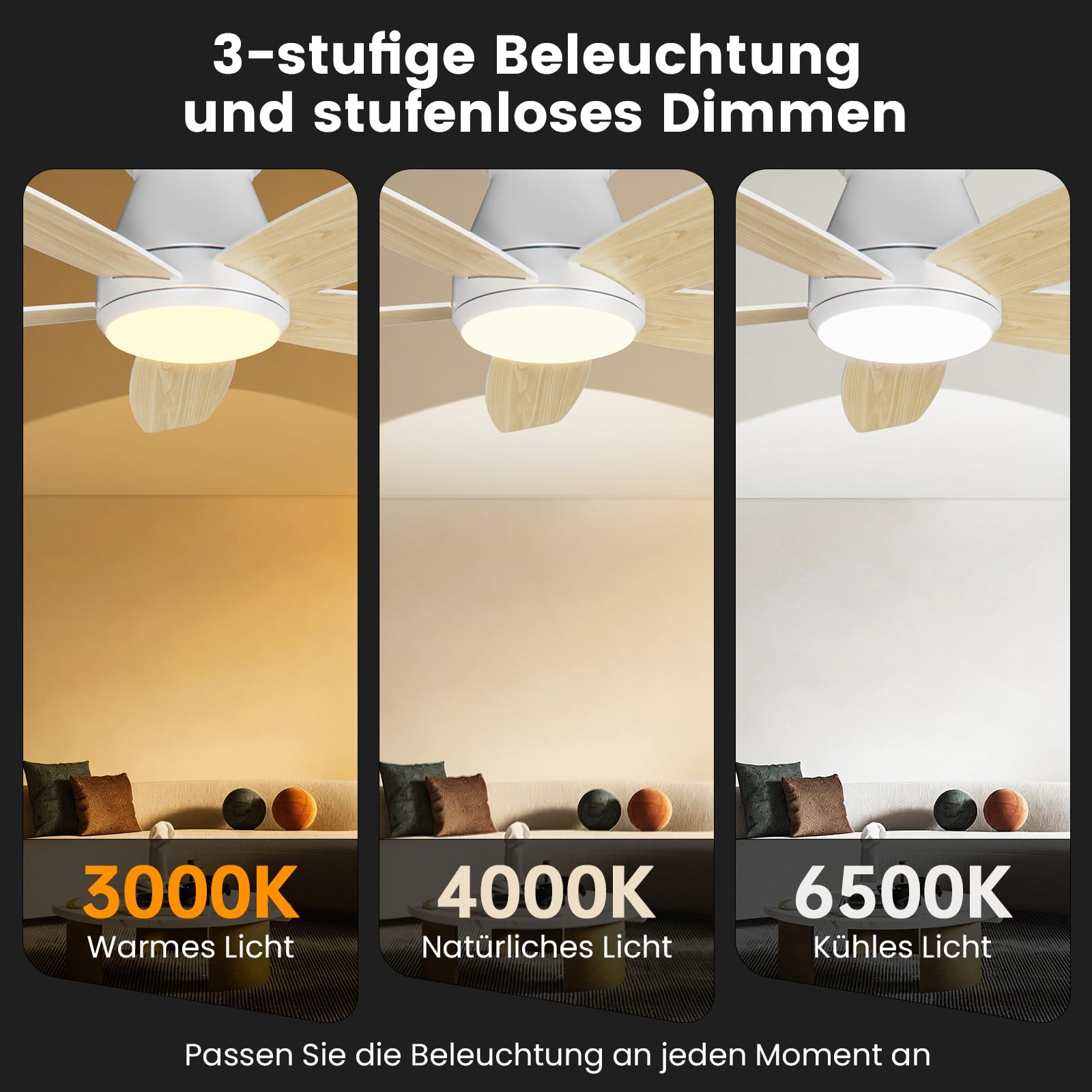 Deckenventilator mit Beleuchtung 107 cm 5 Blätter Deckenventilator mit Fernbedienung 6 Gänge Ultraleiser Reversibler Gleichstrommotor Dimmbare LED Doppelseitige Flügeln für Schlafzimmer Wohnzimmer