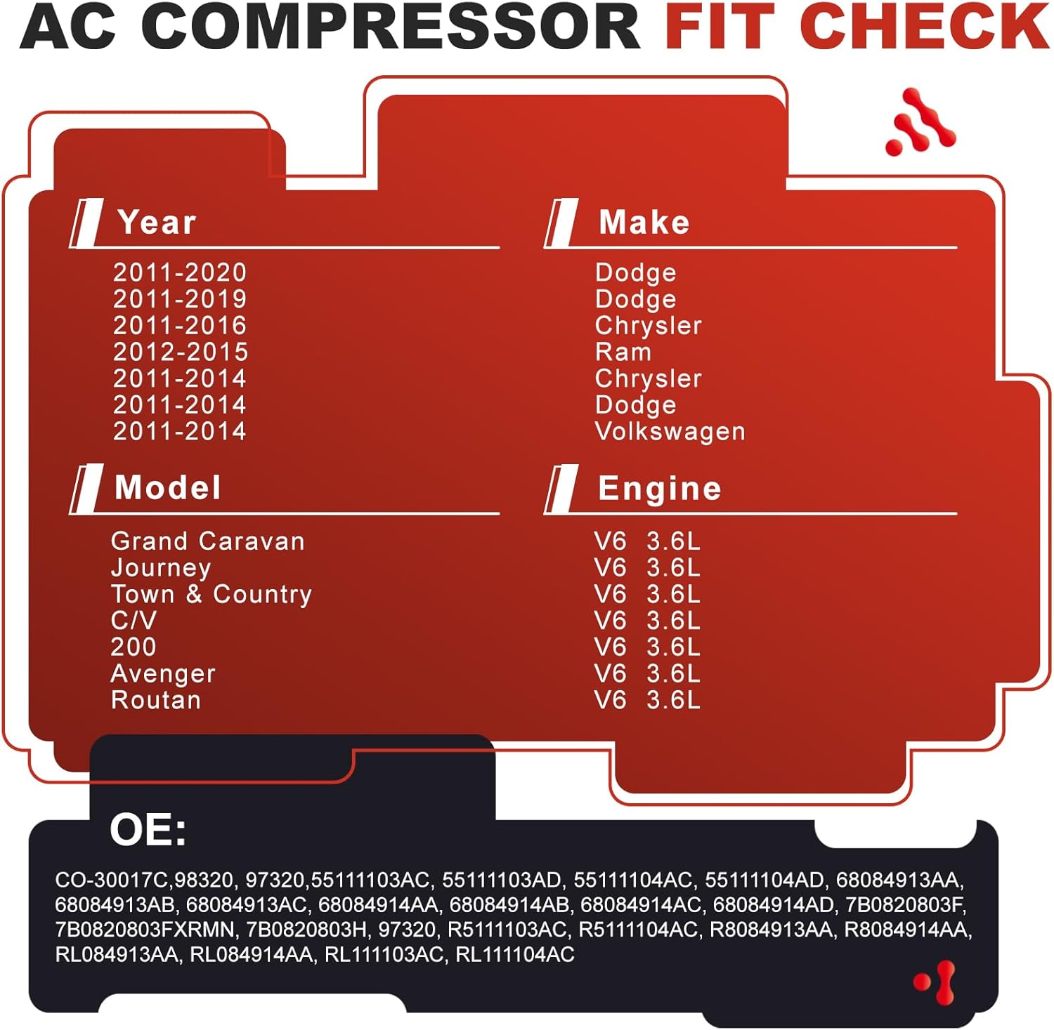 AC Compressor for Dodge Chrysler V6 3.6L 2011-2020|OE Replaces CO 30017C, 98320, 97320, 68084913AA/AB/AC, /H&More|Air Conditioning A/C Compressor&Component Kit|Restores Powerful Cooling