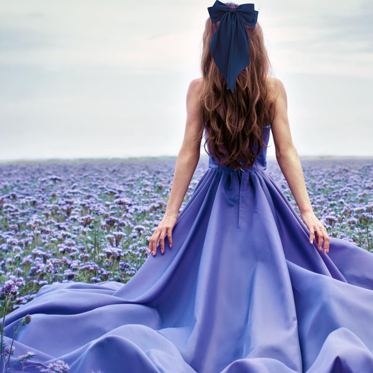 Blue Hair Bows Silky Satin Bows for Hair Ribbons 4Pcs Coquette Oversized Long Tail Hair Bow Clips Barrettes Big Bowknot Hair Accessories for Women Girl Trendy Stuff Gifts (Beige, Blue) - Image 4