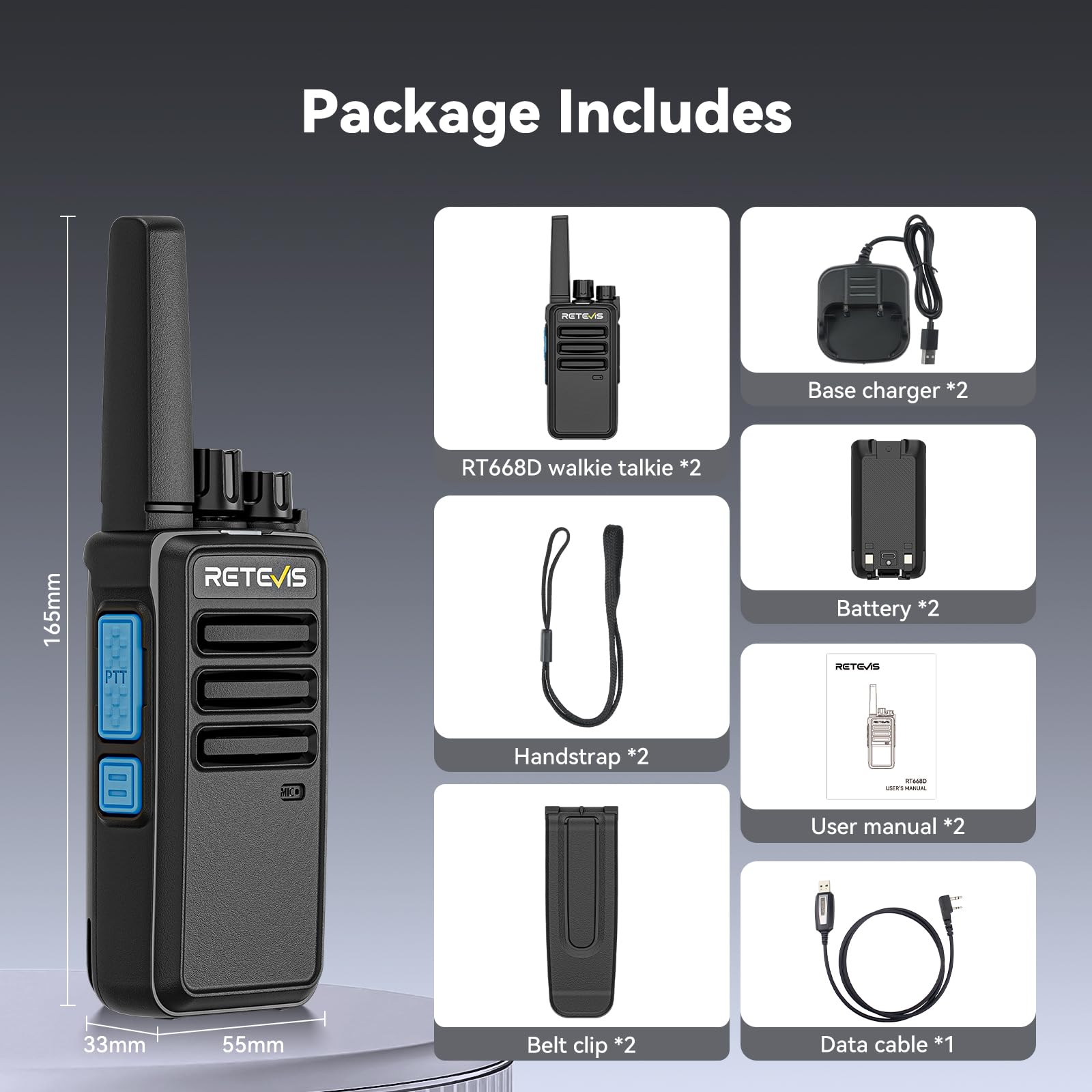 Retevis RT668D Radiotelefony DMR Professional, Krótkofalówki PMR 446, Akumulator 2000 mAh Typu C, Połączenia Grupowe, 256 Kanałów, Wytrzymałe Krótkofalówki do Sklepów i Szkół (opakowanie 2 szt.)