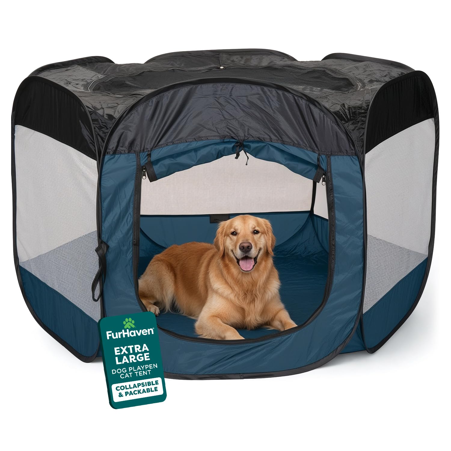 FurHaven Soft-Sided Dog &amp; Cat Playpen, Portable Foldable Indoor &amp; Outdoor Pet Playpen with Mesh Windows &amp; Zippered Door, Sailor Blue, Extra Large