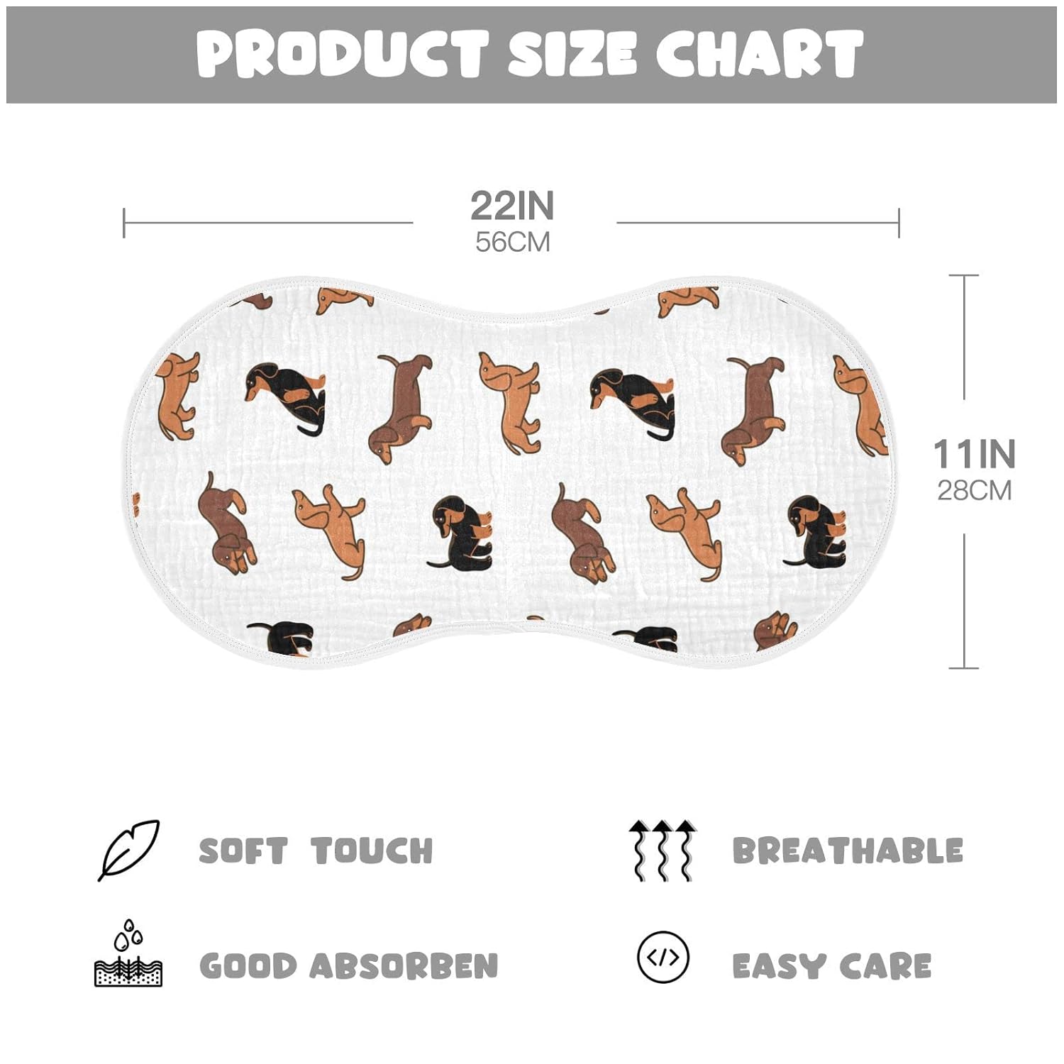Muslin Baby Burp Cloths Set of 4, Soft Absorbent Cute Dogs Dachshunds Muslin Washcloths, Bibs, Face Towel for Newborn Boys Girls, 22 x 11 Inch