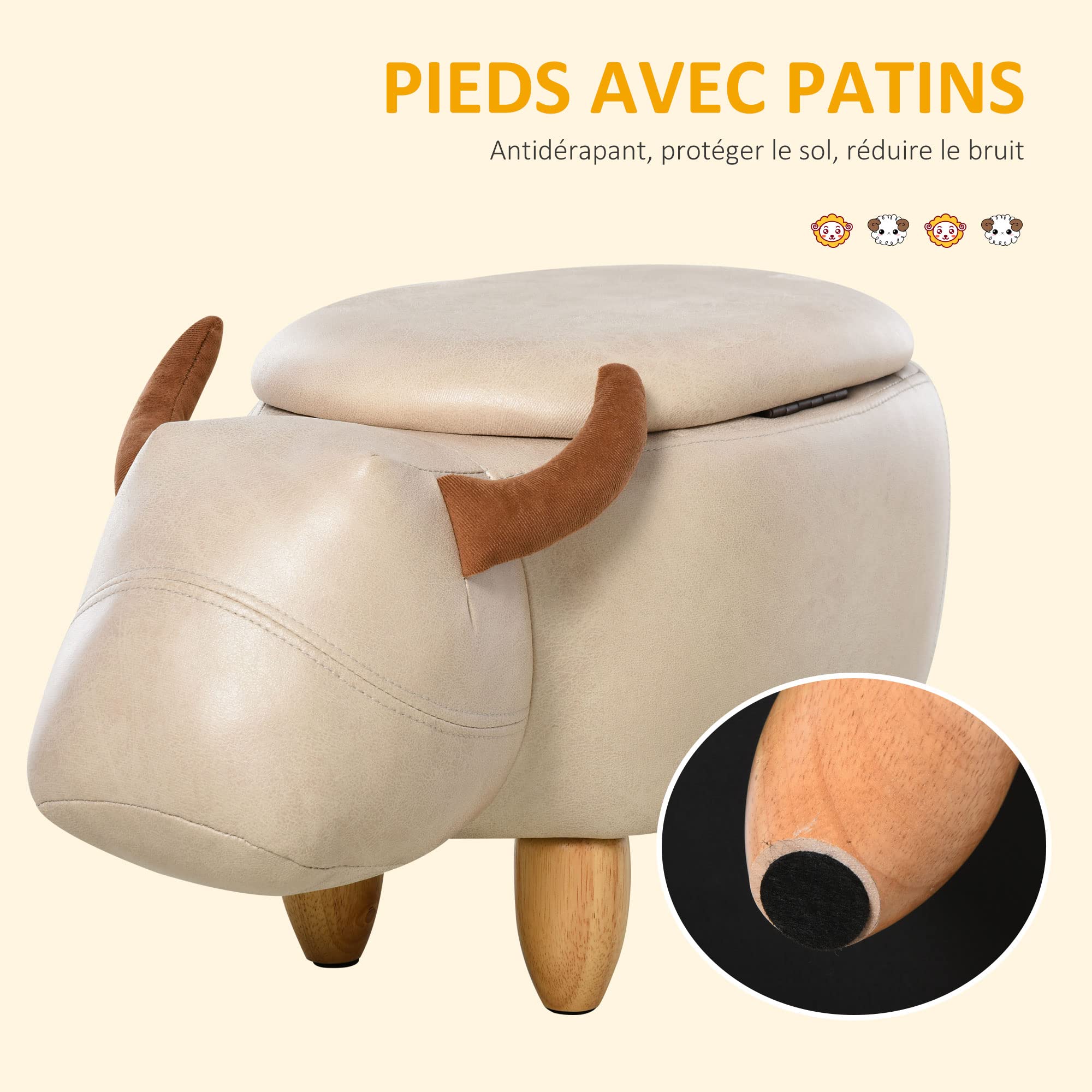 HOMCOM - Taburete de vaca - Puf Vachette - Puf Tauro Baúl de almacenamiento 2 en 1 - Patas de madera de caucho, revestimiento sintético, aspecto crema