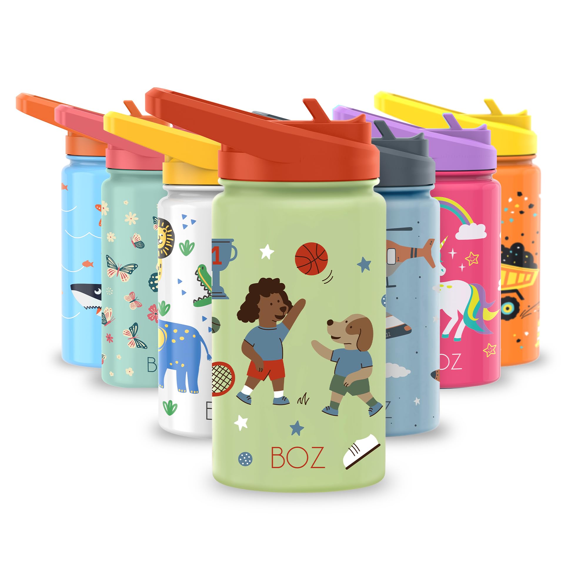 BOZ Kids Water Bottle for School with Straw, Vacuum Double Wall Stainless Steel Insulated Water Bottles for Toddlers, Leak Proof & Spill Proof Cup, for Boys & Girls 14 oz (414 ml) (Dogs Sports) — image 1
