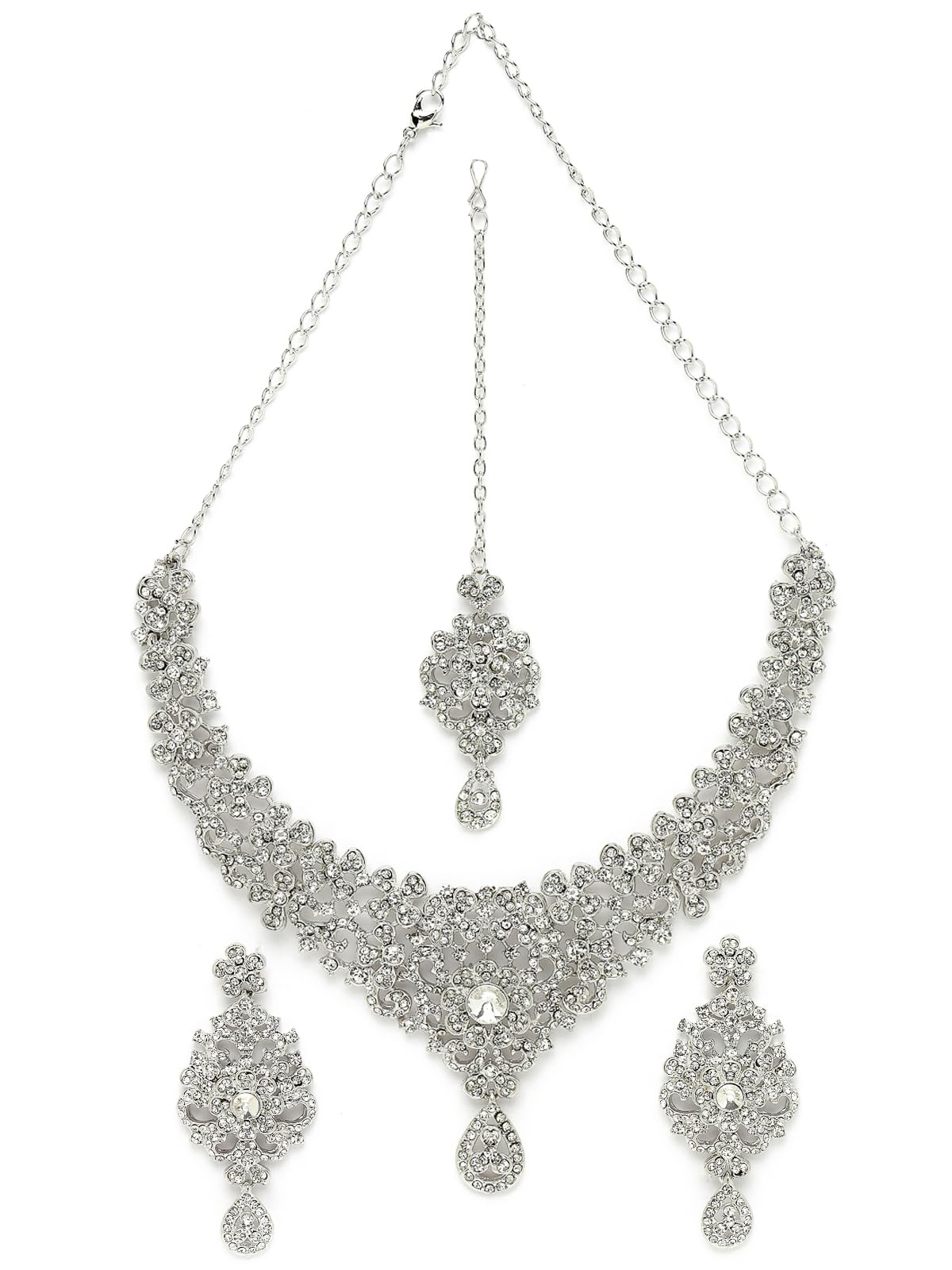 Sukkhi Memorable Rhodium Plated Silver AD White Stones Collar Bone Necklace Set With Earring And Maangtika | Jewellery Set For Women (NS105571) (B0CBB9RHKZ) Amazon Price History, Amazon Price Tracker