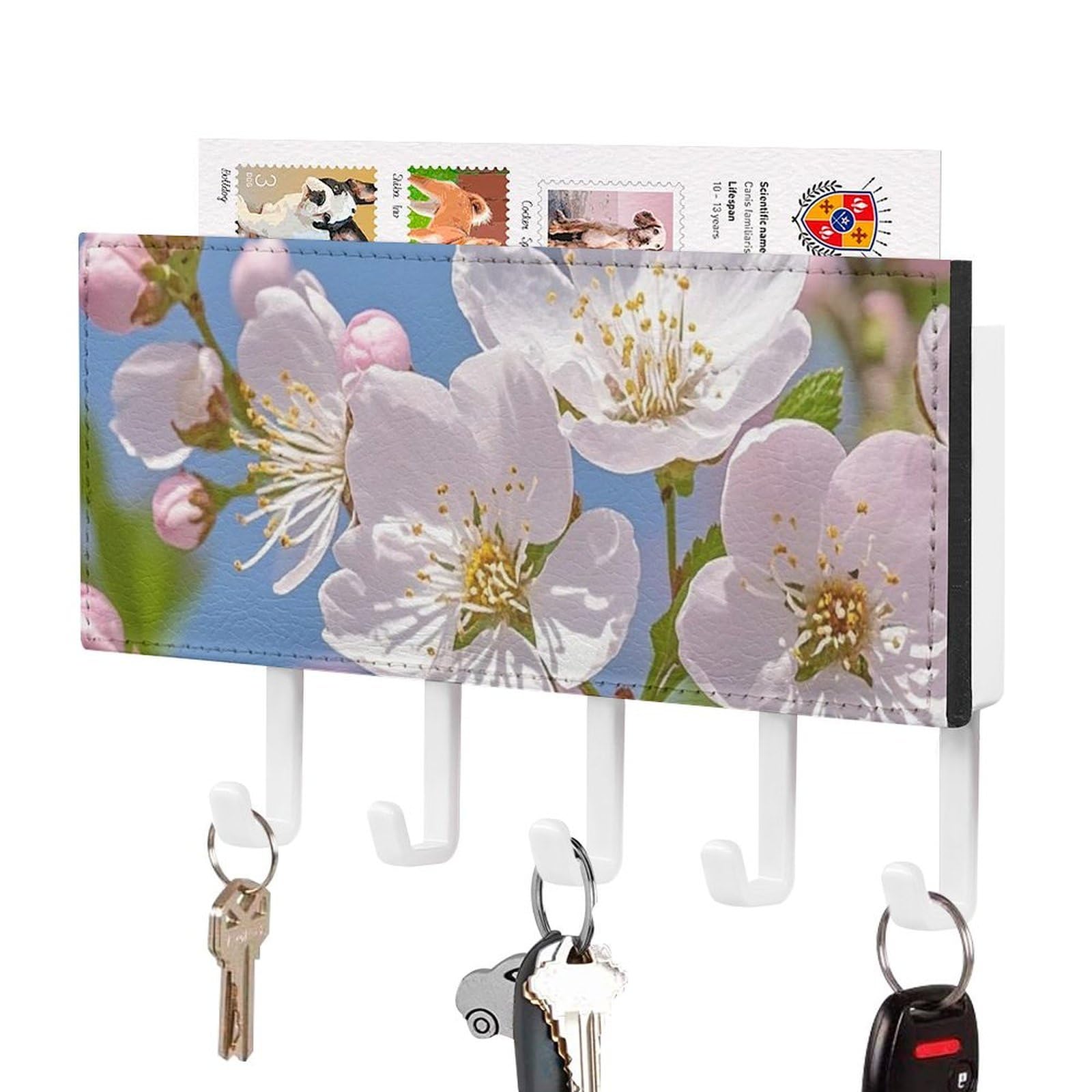 FekiLoot Japanese Cherry Blossom Key Holder Wall Mount Key Hanger with 5 Hooks Decorative Key Rack Hanging Key Hooks with Mail Organizer Key Holder for Wall Living Room Kitchen Bathroom Hallway White
