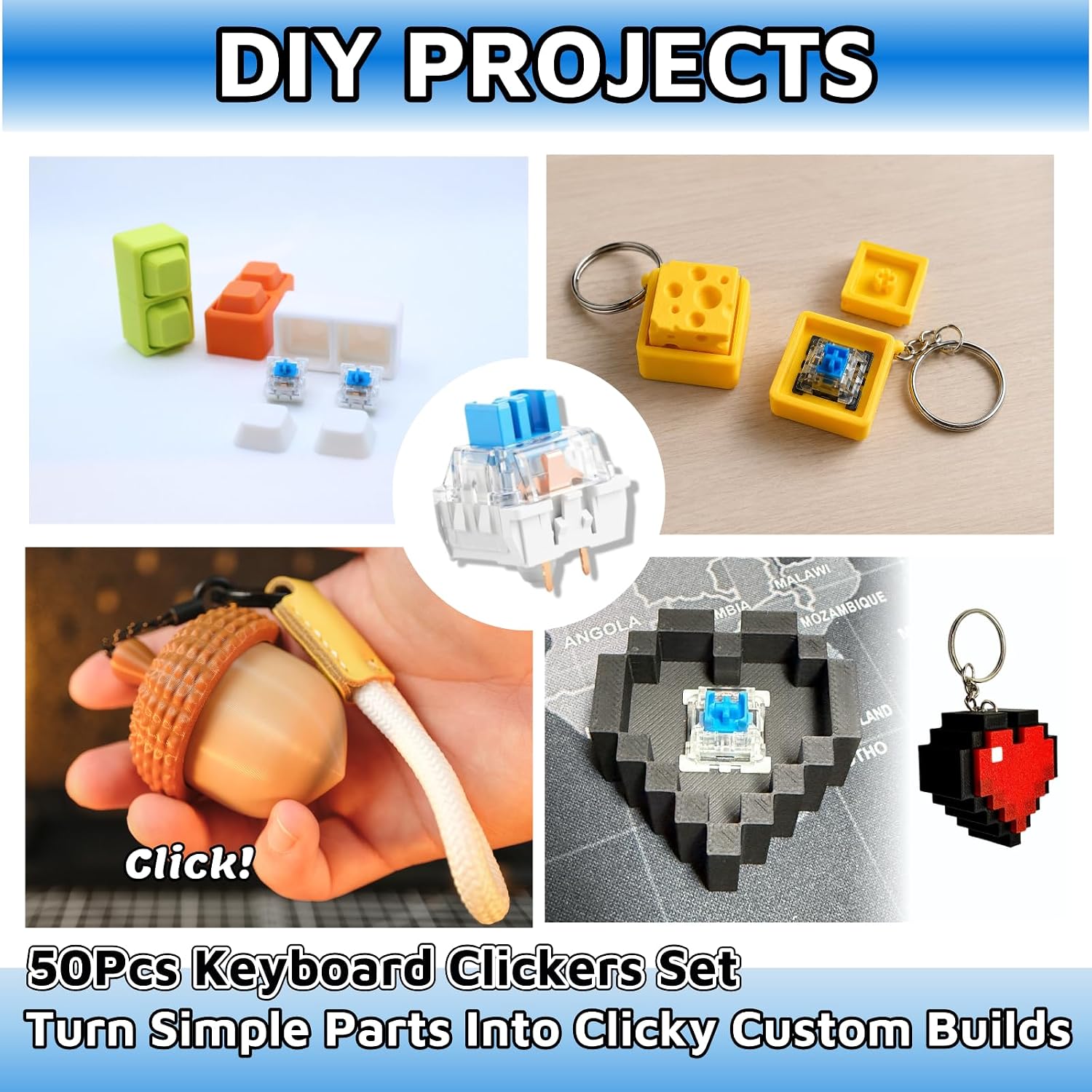50 Pcs Blue Clicky Mechanical Keyboard Switches with Switch Puller, 3 Pin Key Switches for 3D Print Keyboard Clickers, Replacement Clicky Switches for Fidget Clicker Inserts