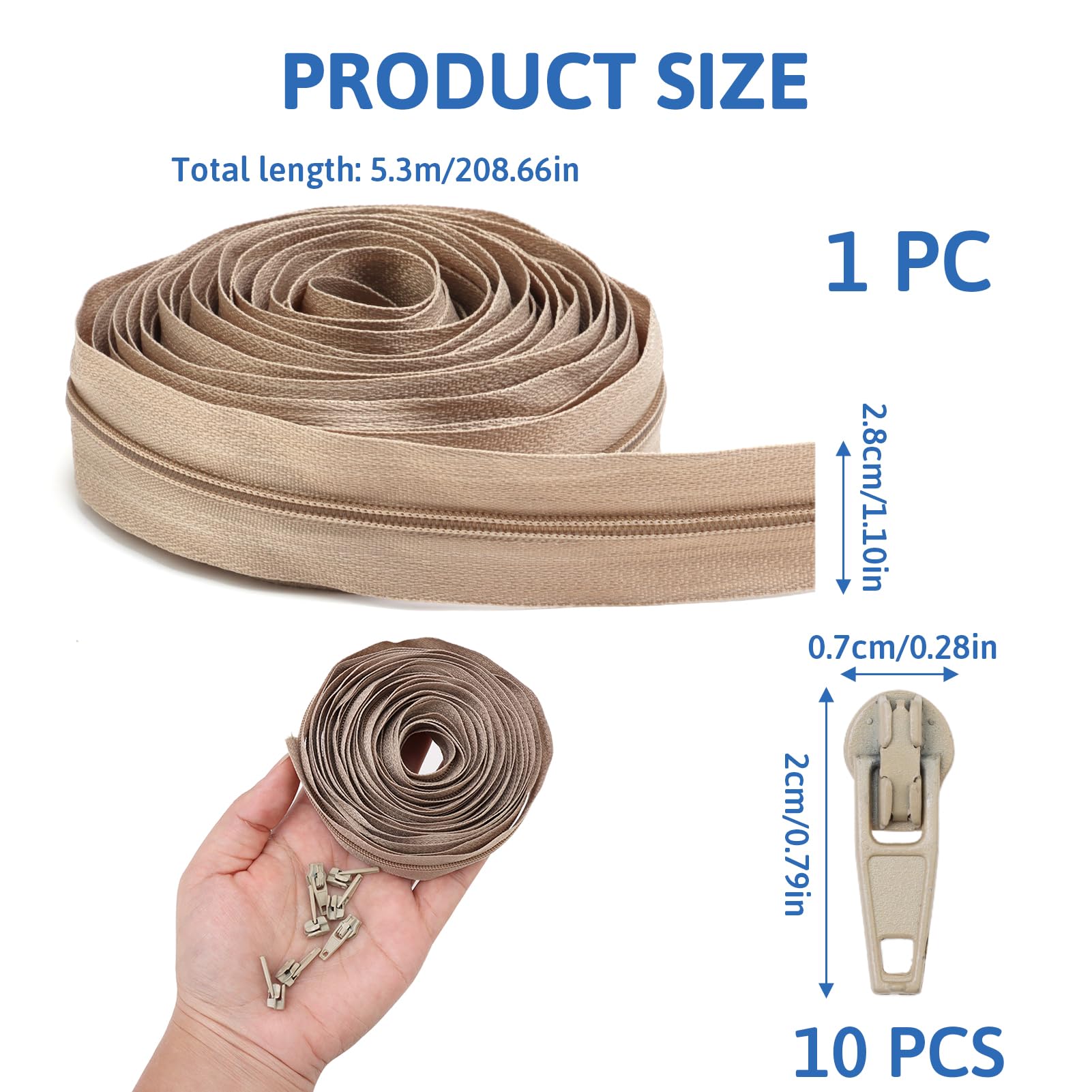 Continuous Zipping Chain 5m Beige Zipper Size 3# Nylon Cushions Upholstery Zips for Sewing Heavy Duty Trimmable on Roll NO.3 Pullers for DIY Sewing Tailor Craft Bag ( 5m / 10 Zipper Sliders - Image 2