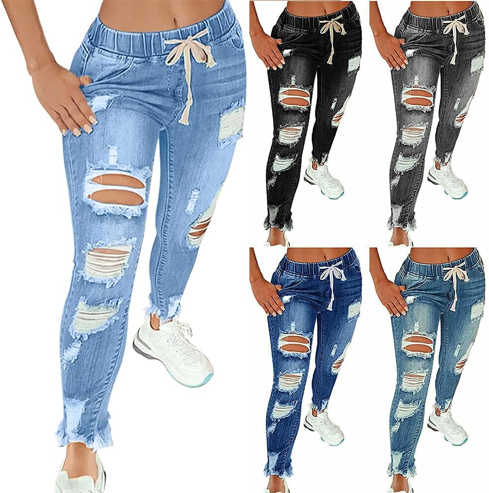 KUNMI Women High Waist Skinny Stretch Ripped Jeans Destroyed Denim Pants Plus Size image 2
