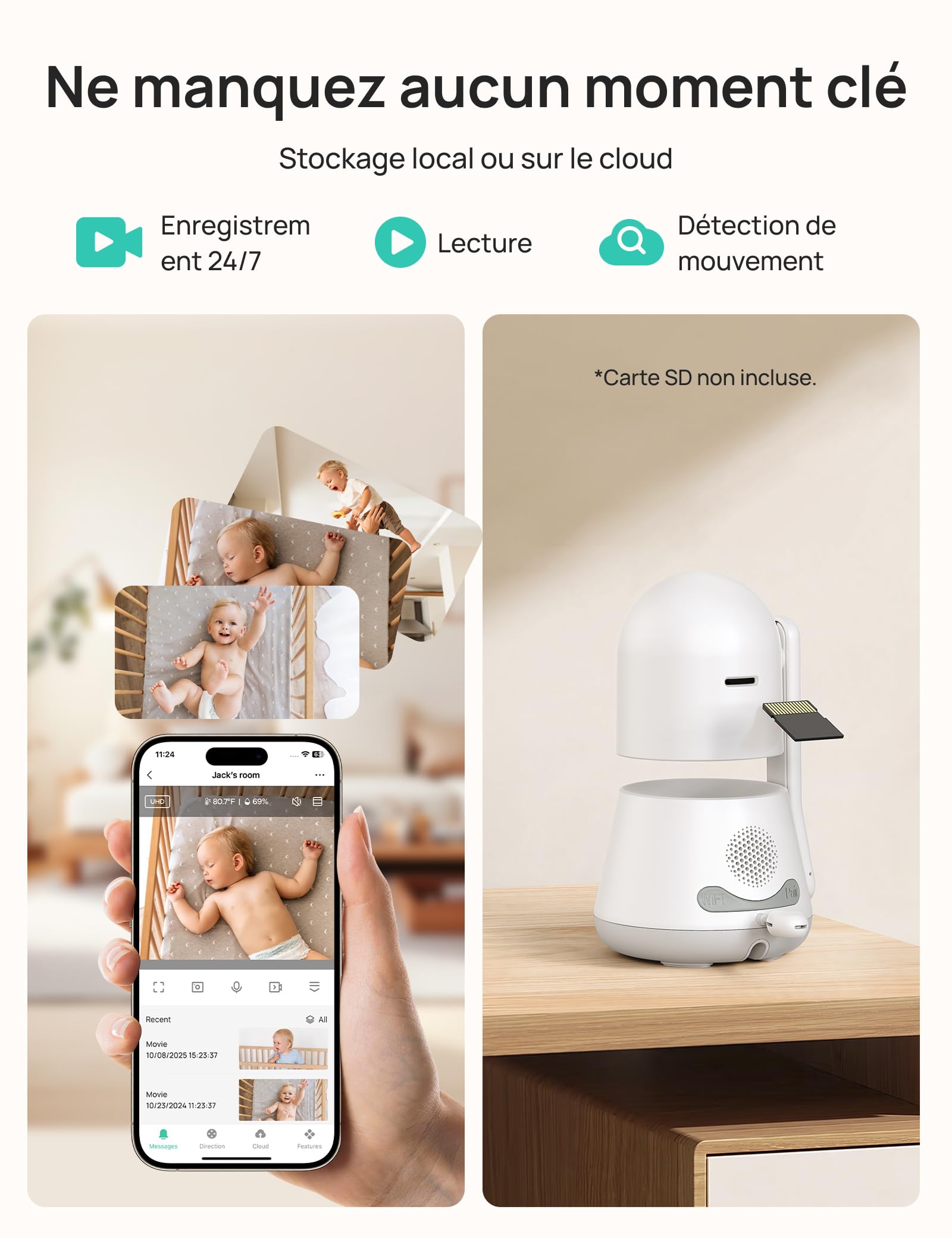 Dr.Care Babyphone Camera WiFi 2K, écran 5",App, Support à Pince, Mode privé | Batterie amovible 5000mAh, alertes mouvement/son, portée 390m, vision nocturne HD, Suivi personnes, Vox, veilleuse, LumiView