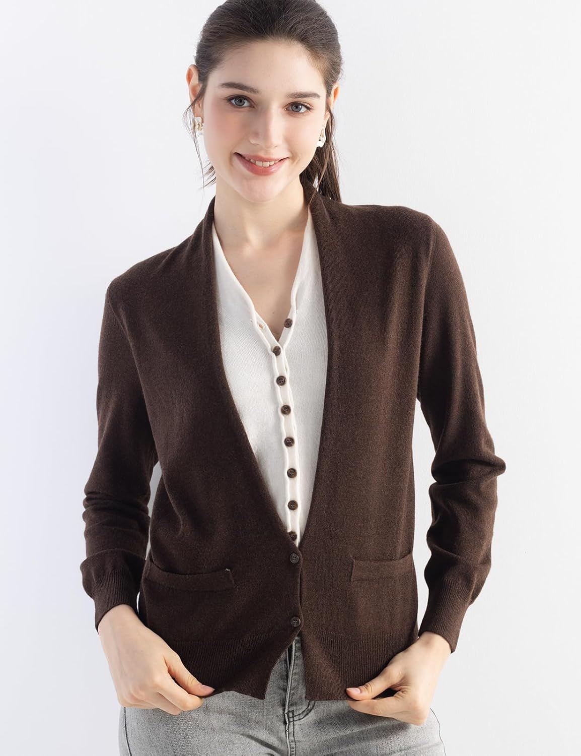 Women's Merino Wool Sweater Fake Two Piece Cardigan 2025 Fall Winter V Neck Color Block Long Sleeve Knitted Tops - Image 2