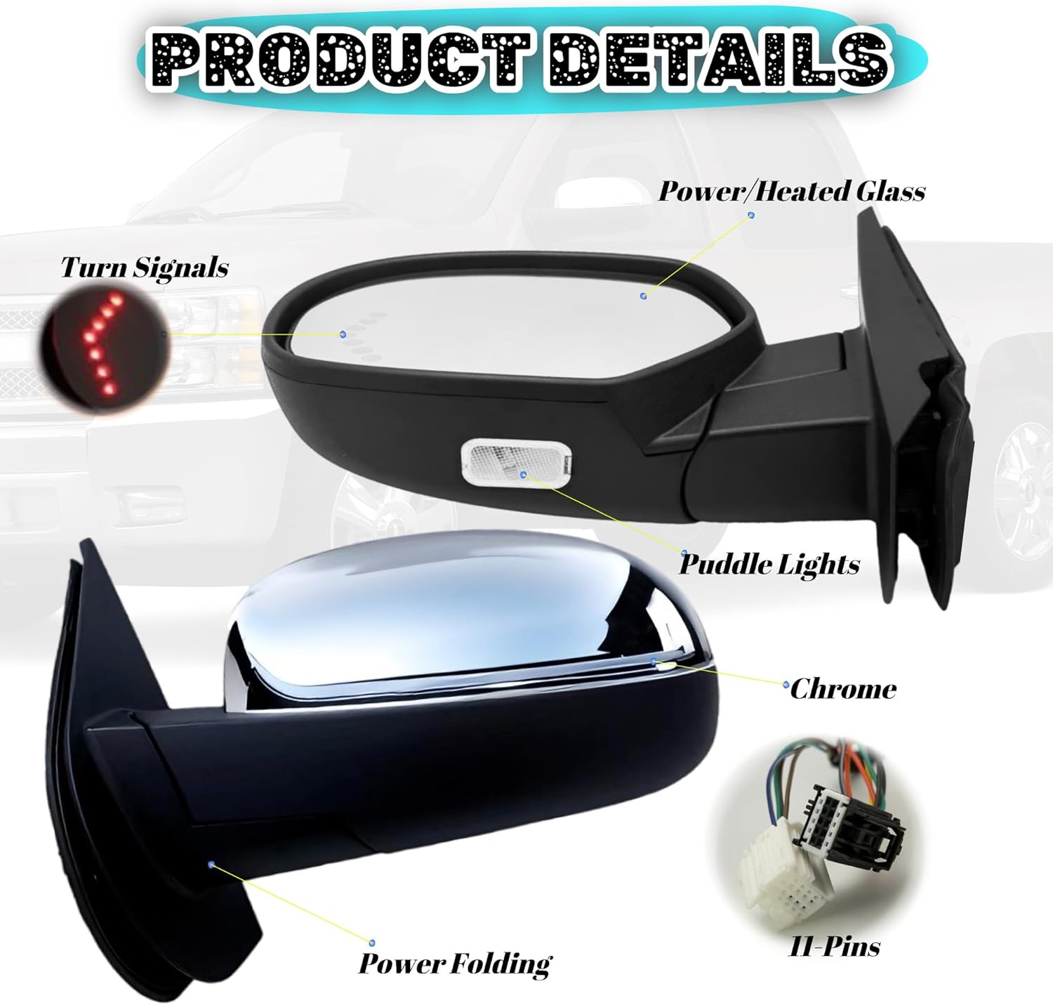 Driver Side Mirror Compatible With 2007-2013 Chevy Silverado Suburban Tahoe GMC Sierra Yukon With Heated Power Glass Turn Signal Puddle Light Power Folding Chrome