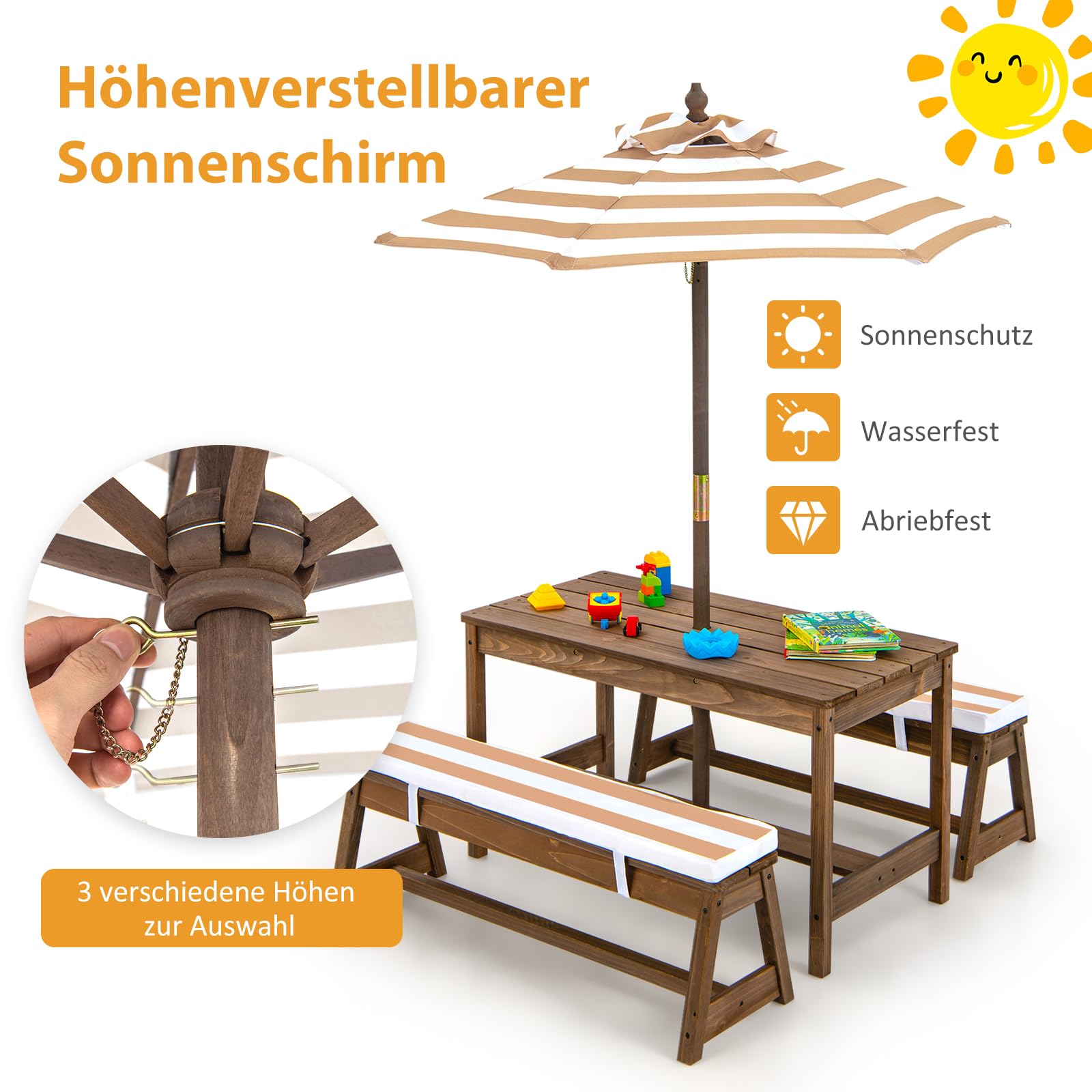 SOARS Set di Tavolo Picnic per Bambini con Ombrellone Regolabile, Panche per Bambini in Legno di Abete con Parasole e Cuscini Morbidi, Tavolo e Panchine Pranzo da Giardino e Parco (Marrone)