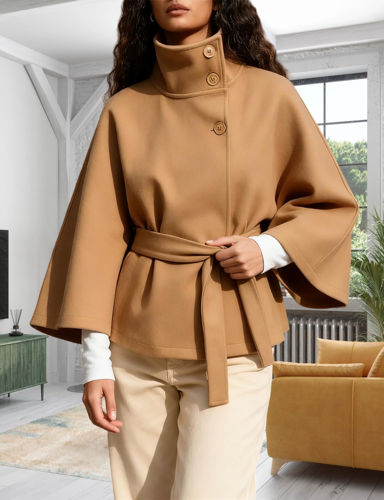 Generisch Damen-Poncho mit Fledermausärmeln, übergroßer, trendiger, lässiger Umhang mit Gürtel, Oberbekleidung mit Schalkragen für Herbst und Winter