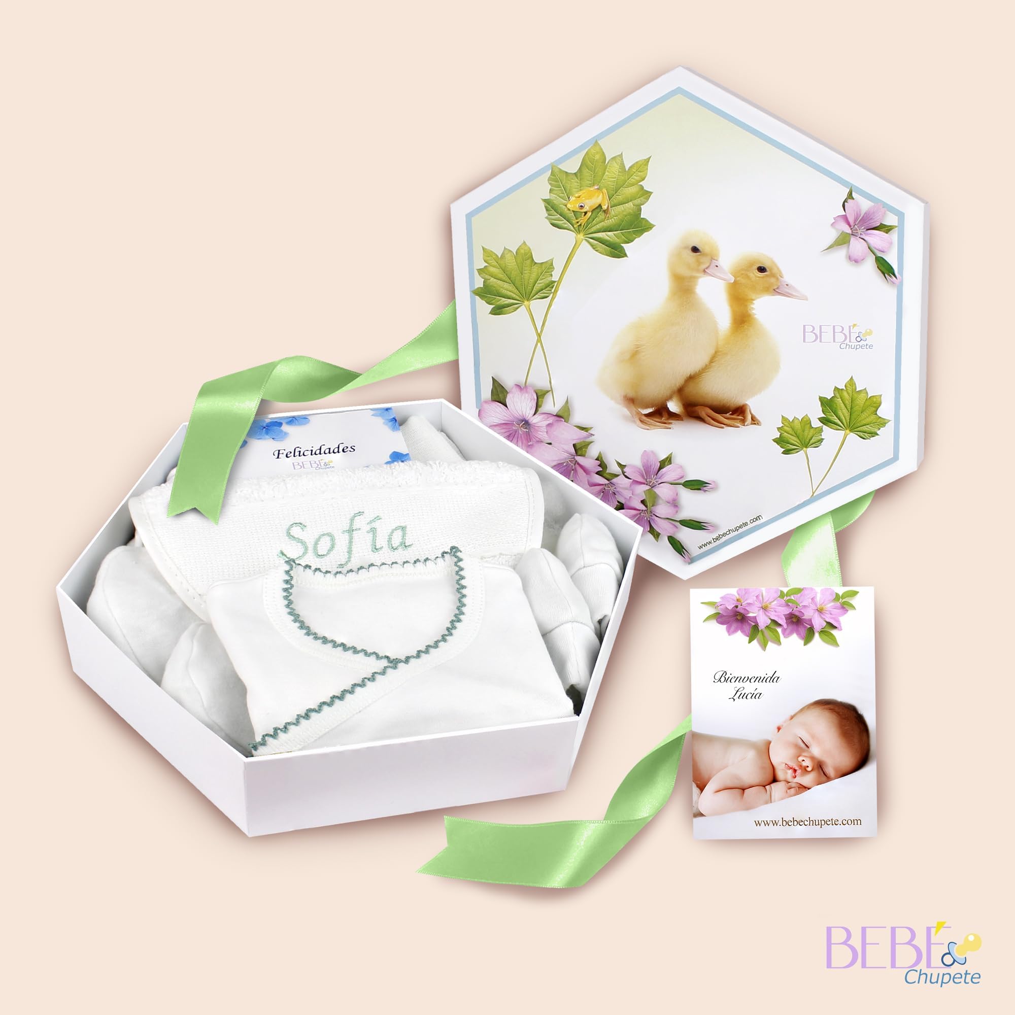 BEBÉCHUPETE Primera puesta Bebe Recien Nacido - Cosas para Bebes Recien Nacidos con Babero Bordado con Nombre - Regalos bebes recien nacidos originales - Kit bebe recien nacido - Cestas bebe (Verde)