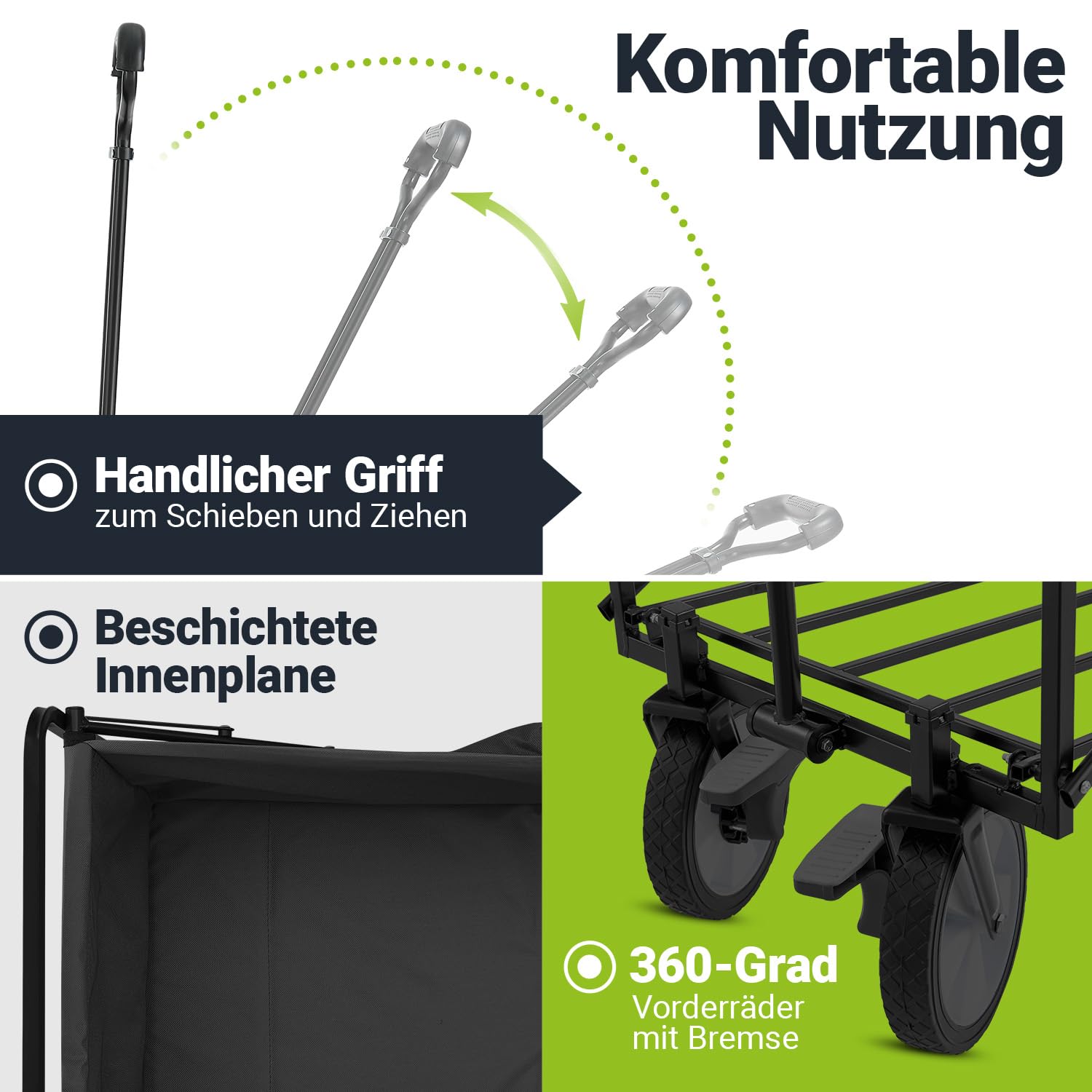 Juskys Bollerwagen 100 kg Tragkraft - Transportwagen faltbar - Einkaufen, Outdoor & Camping - Strandwagen Faltbollerwagen Handwagen Schwarz