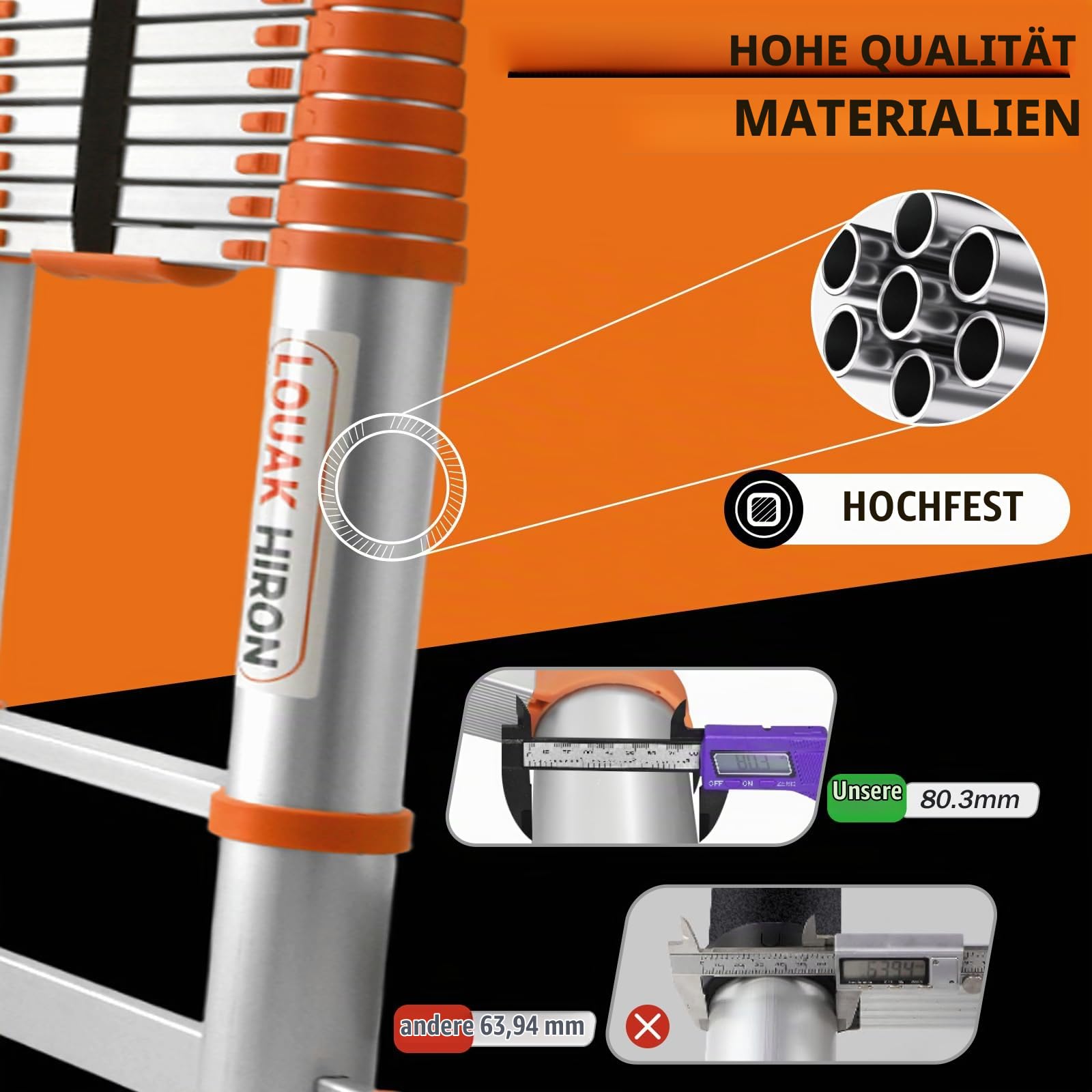 5,1M Alu Teleskopleiter mit Haken Ausziehbare Leiter Klappleiter mit Stabilisator Stehleiter Rutschfester, aus hochwertigem Aluminium, Ausziehleiter Mehrzweckleiter (orange)