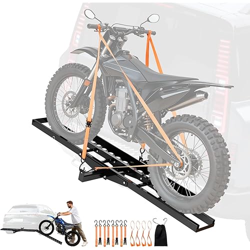 VEVOR Motorcycle Carrier, 500 lbs Capacity, Heavy Duty Steel Hitch Mount Rack with 47in Ramp, Ratchet Straps & Stabilizer, Scooter Dirt Bike Trailer Hauler for Car Truck with 2-Inch Hitch Receiver