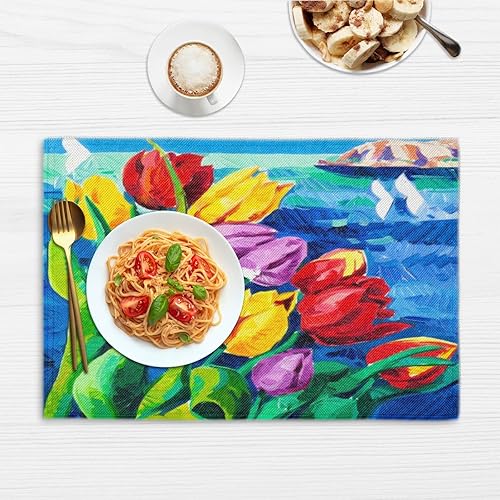 Miniatura 6 de Flower Pattern Placemats Set of 4 Table Mats Washable Placemat Waterproof Place Mats for Party Home Dining Table Decor 18x12 in