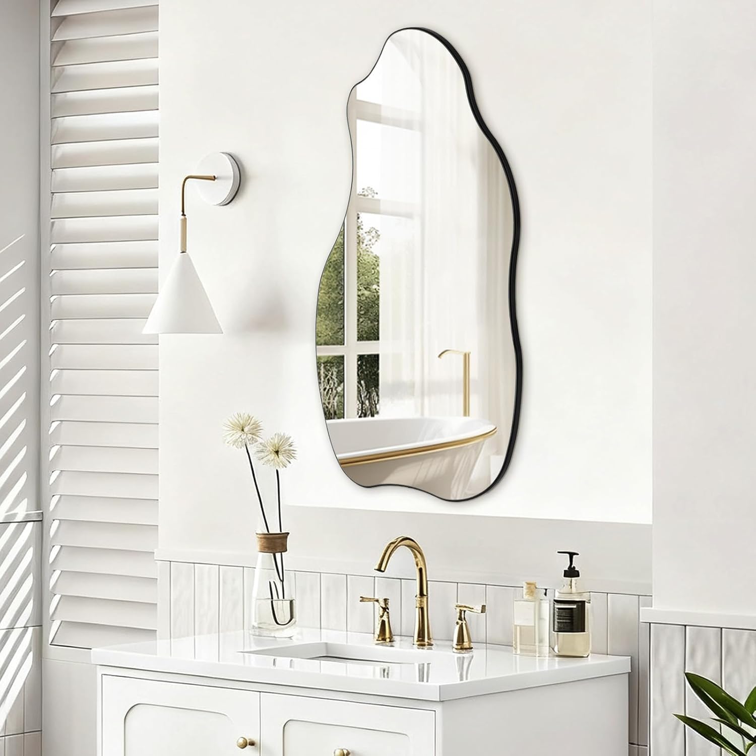 32x18'' Frameless Asymmetrical Bathroom Mirror, Irregular Wall Mirror, Wavy Vanity Mirror for Modern Bathroom, Bedroom, Entryway and Living Room Decor