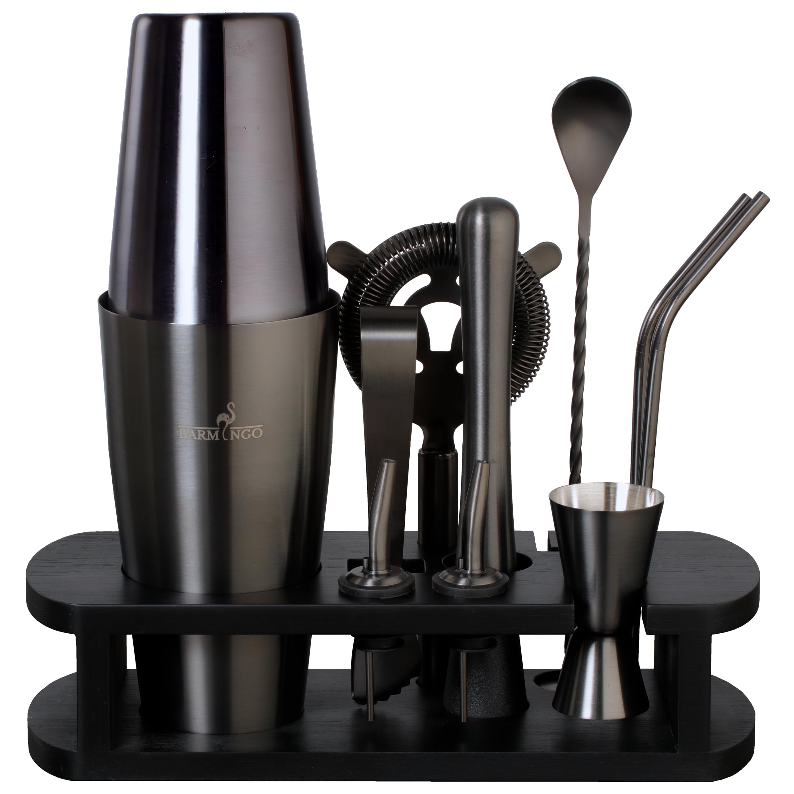 Boston Shaker Cocktail Kit | 11 Pièces, Volume de 825 ML, Noir Métallisé | Shaker Cocktail INOX avec Support et Accessoires de Bar |Set Barman Cocktail Shaker |Kit Cocktail Professionnel