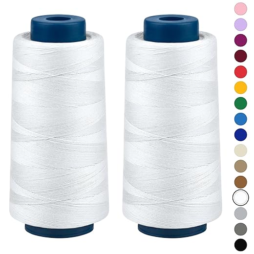 Upholstery Serger Quilting Sewing Thread: FIVEIZERO 2 Pack Extra Strong 20S/3 2000yds Polyester Thread Spool Cones, Heavy Duty All Purpose Thread for Sewing Machine and Hand Stitching Repair (White)