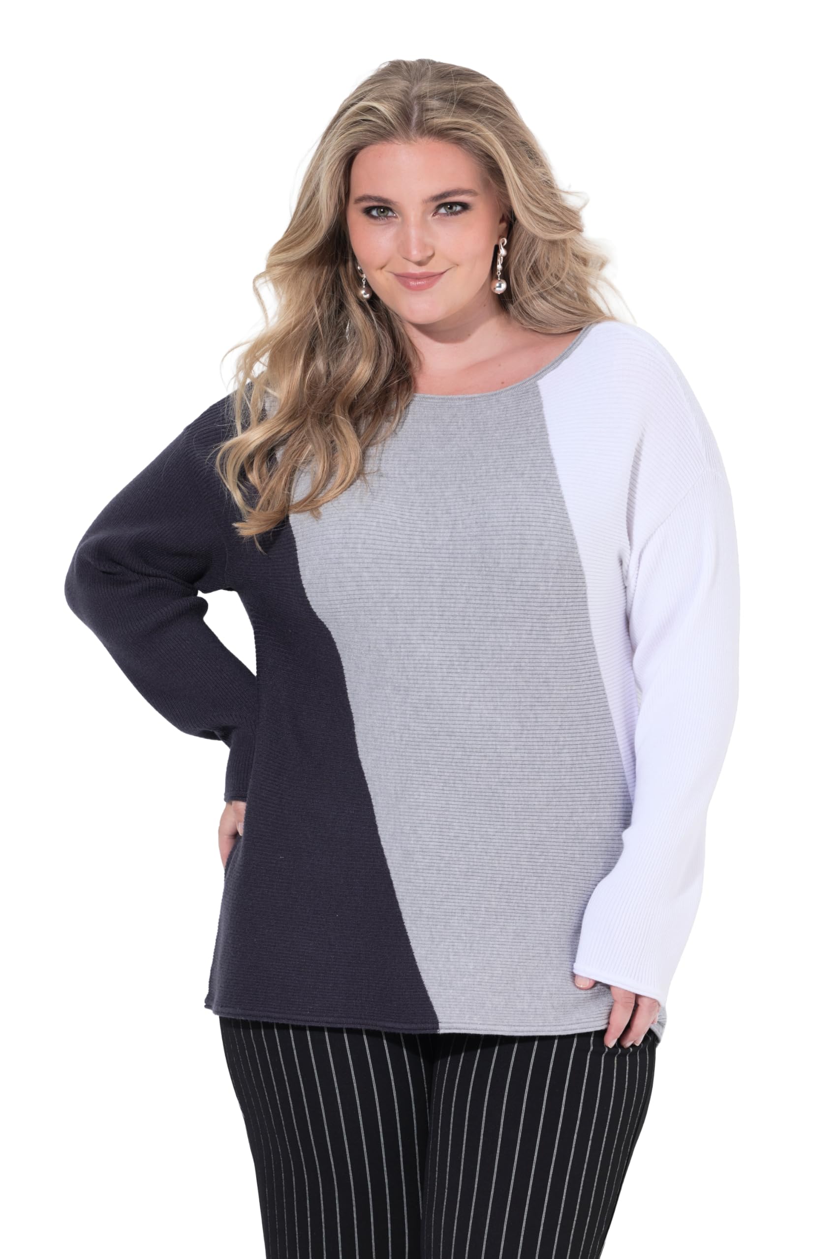 Ulla Popken Damen große Größen Übergrößen Plus Size Pullover, Blockstreifen, U-Boot-Ausschnitt, Langarm 844868