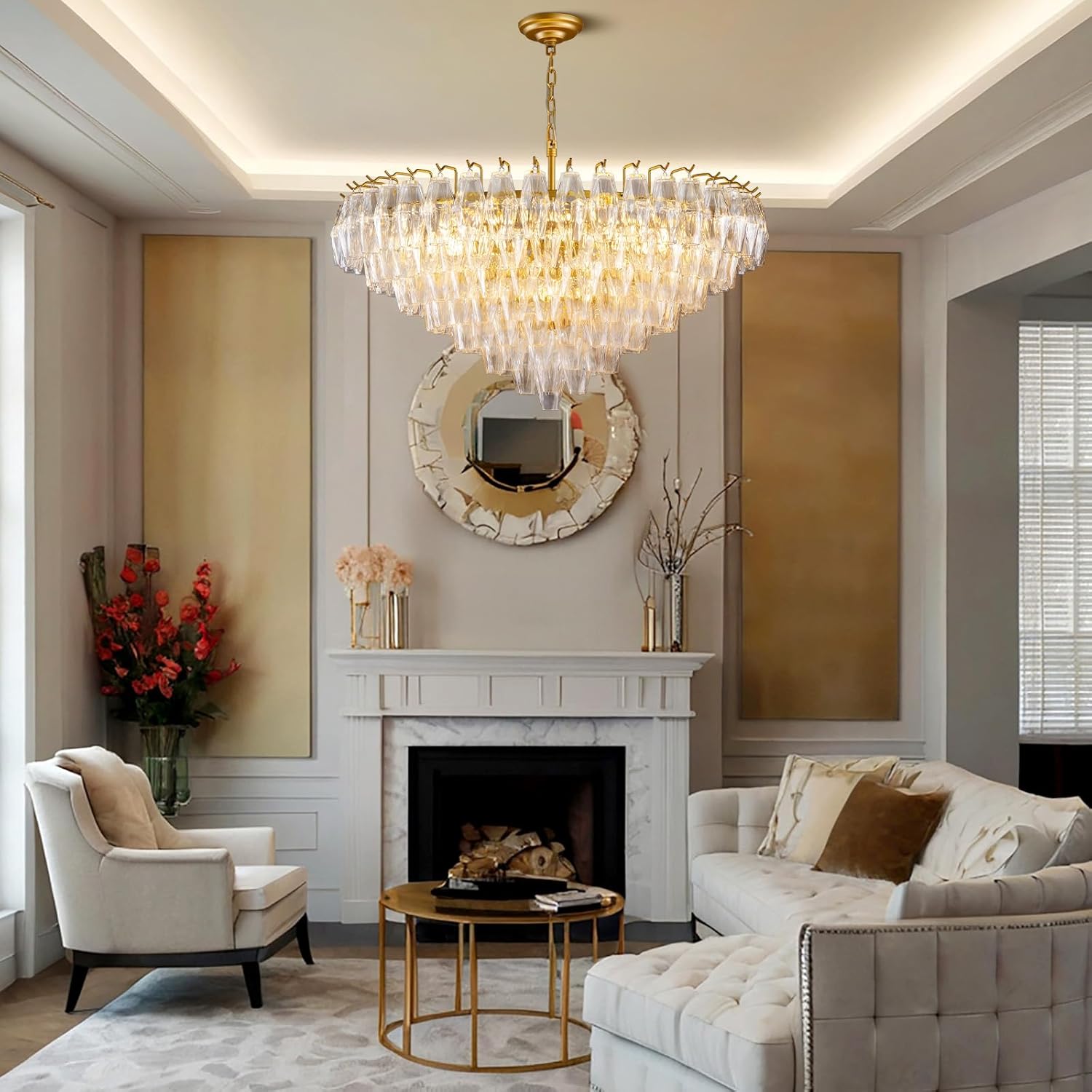 37" Extra Large Chandelier, 14-Light Clear Modern Round Chandelier for Living Room, Tiered Smoke Blown Glass Brass Chandeliers, Hanging Light Fixture for Bedroom, Dining Room, Foyer, Entryway