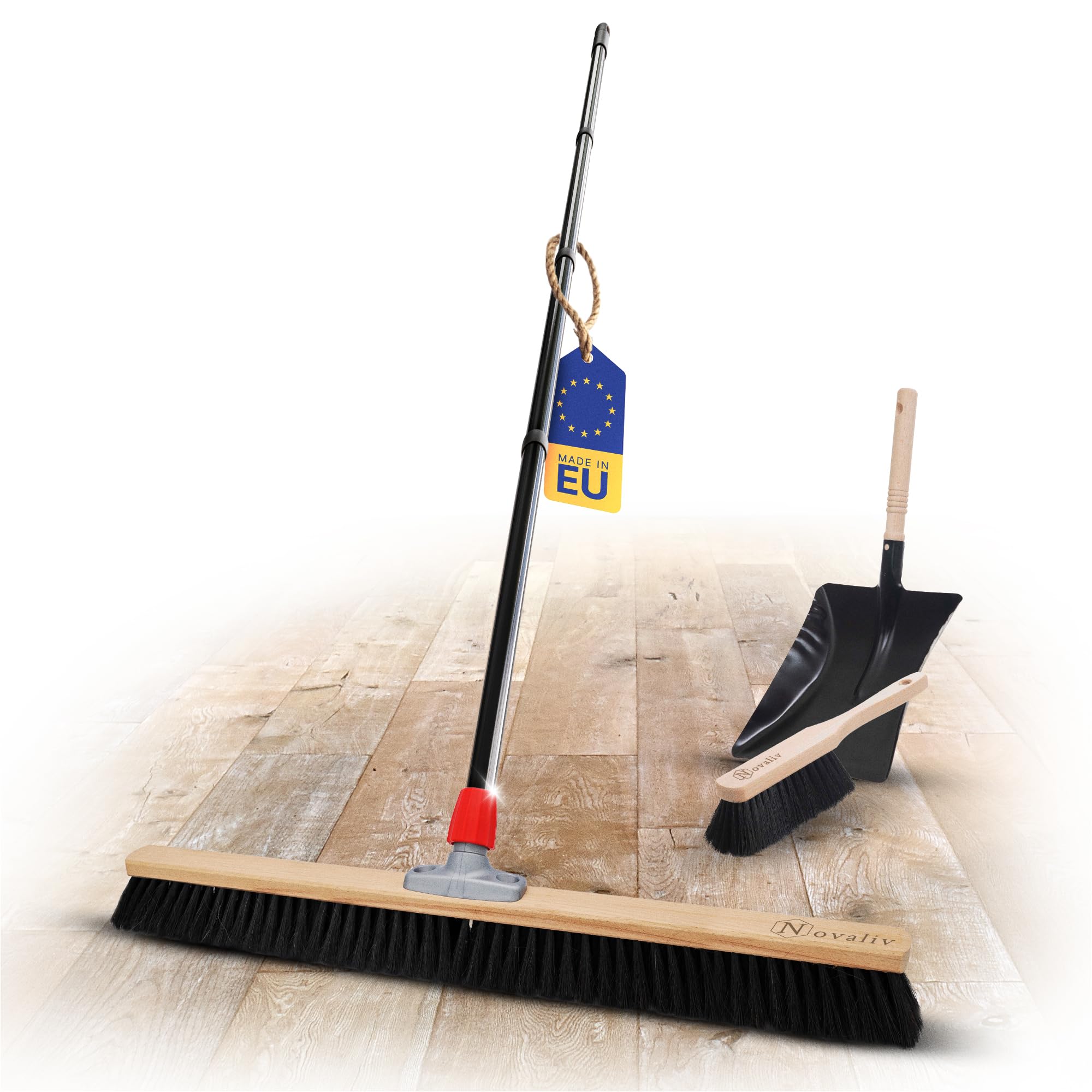 Novaliv Scopa grande 80 cm con manico in setole sintetiche con scopa nera composta da paletta e scopa a mano, scopa fine scopa da officina, scopa industriale con manico