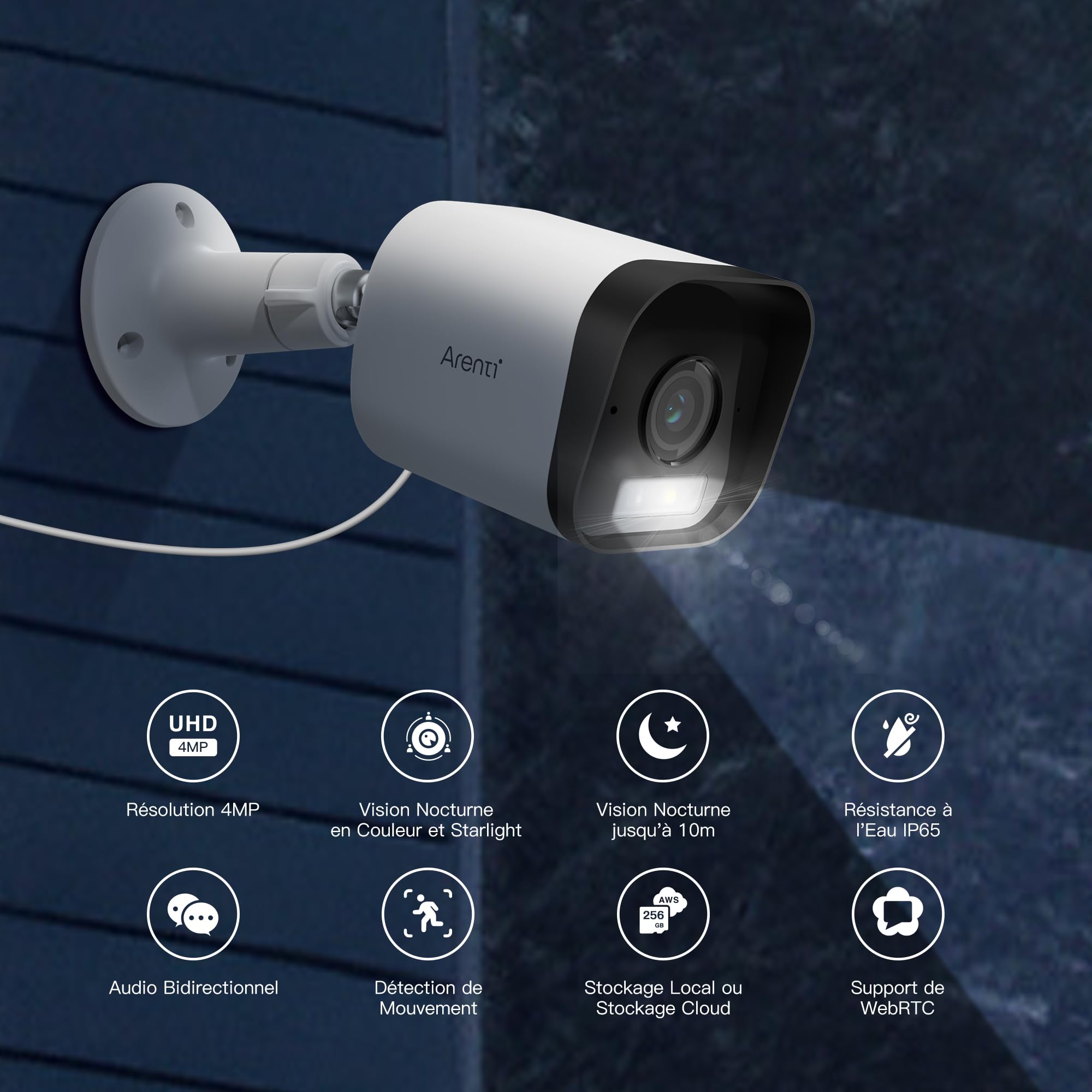 ARENTI 2,5K/4MP Caméra Surveillance Wi-FI Extérieure, Caméra IP 2,4GHz, IP65 Étanche, Audio Bidirectionnel, Détection Intelligente, Enregistrement 24/7, Alerte Instantanée et Sirène, 2PCS