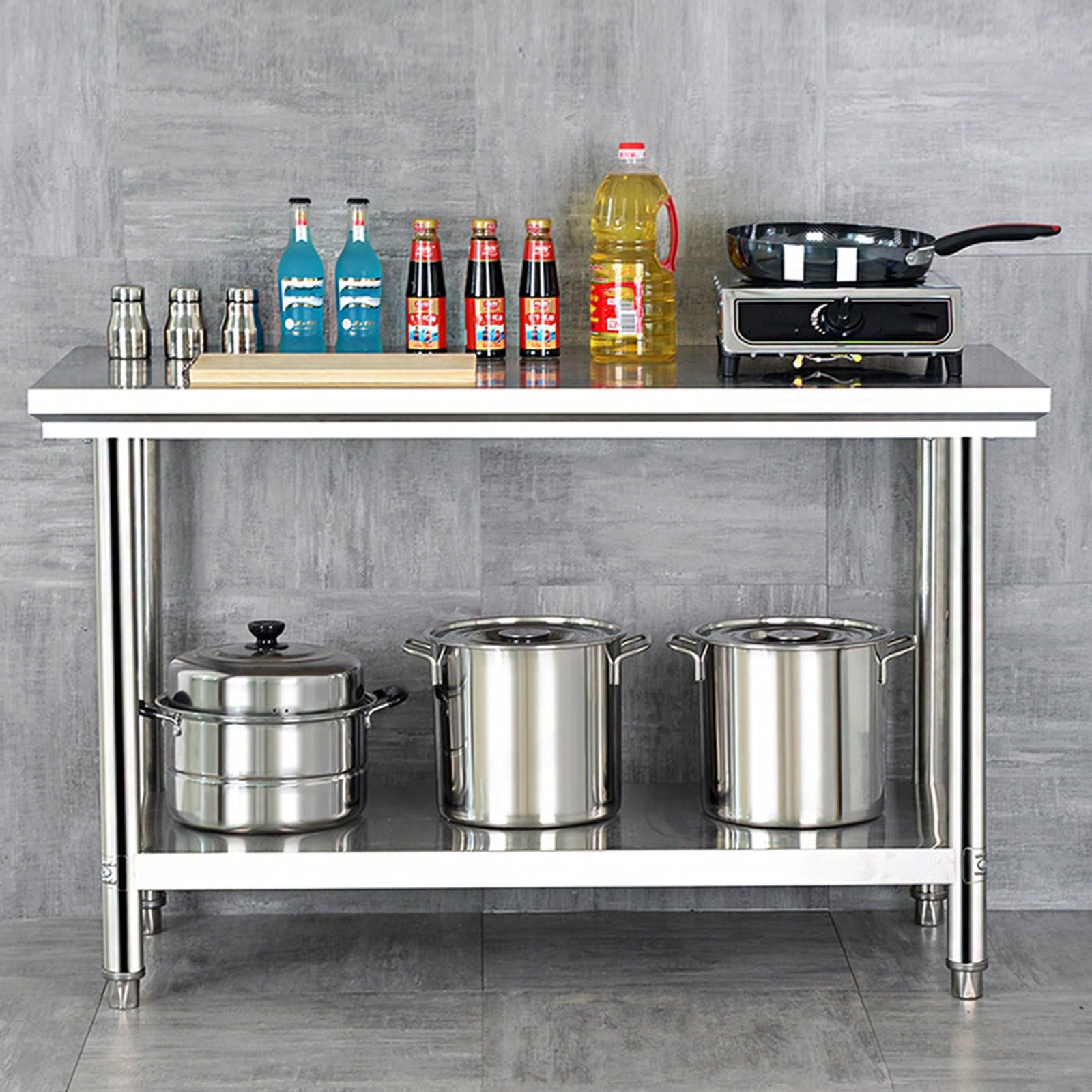 Tavolo da lavoro commerciale in acciaio inox con piedini regolabili e ripiano portaoggetti, postazione di lavoro multifunzionale da cucina per una facile installazione in casa e in fabbrica