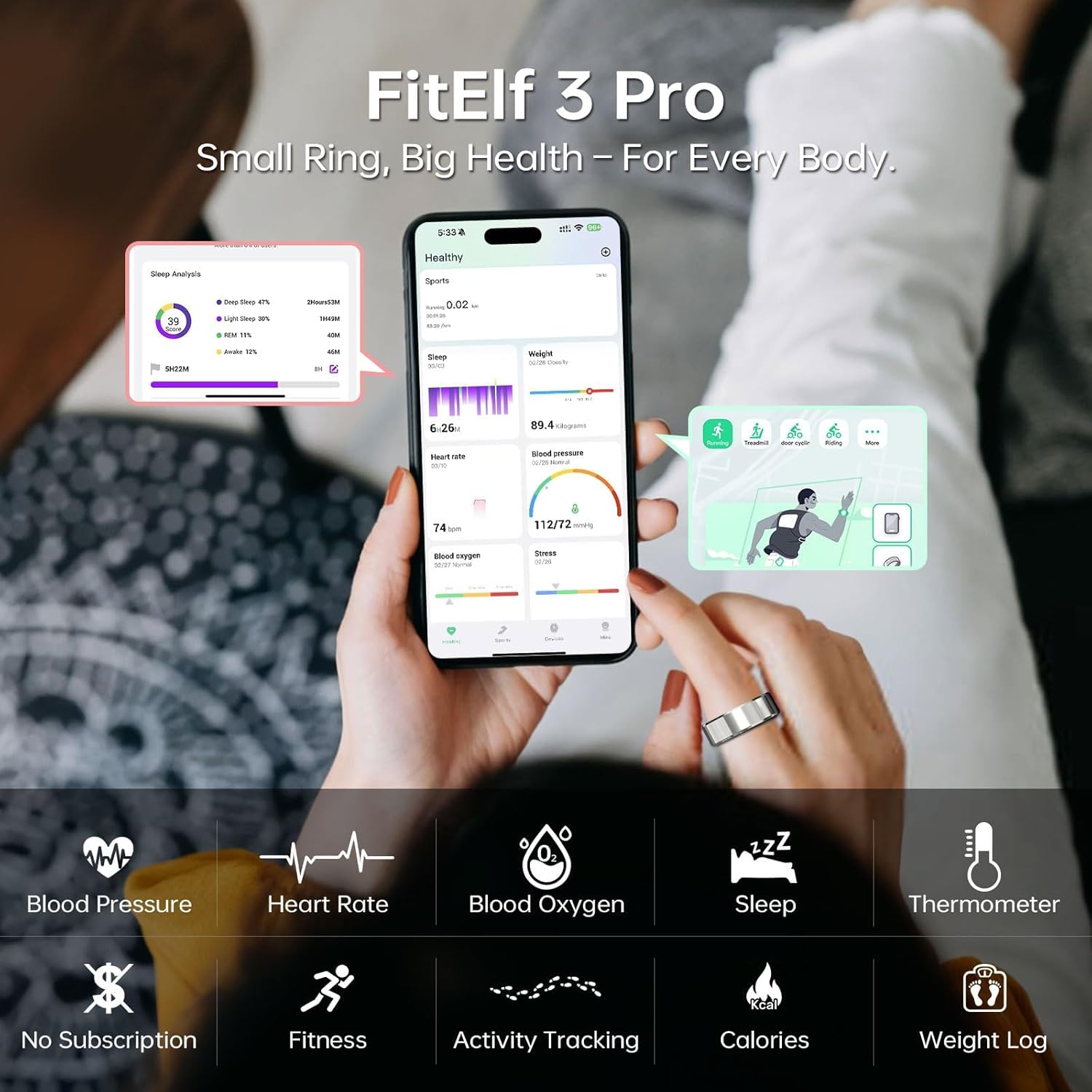 FitElf 3 Pro Smart Ring Fitness Tracker, Health Sleep Tracker, Blood Pressure, Heart Rate and Oxygen Monitor Ring for Women/Men, IP68, No Subscription, 10-Day Battery Life (Silver 10)