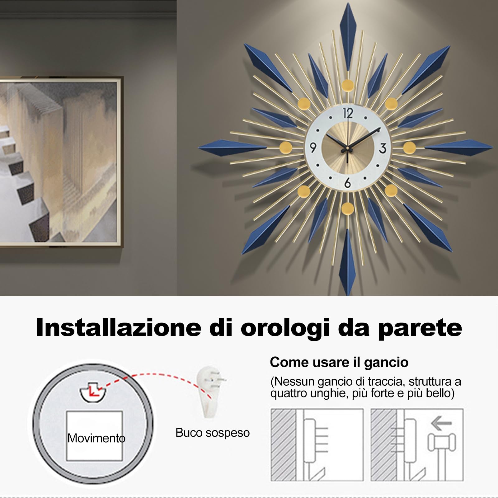 Ergocar Orologio da parete, orologio da parete decorativo grande elegante e semplice da cucina, orologio da parete moderno silenzioso in metallo senza ticchettio, adatto per soggiorno, ufficio