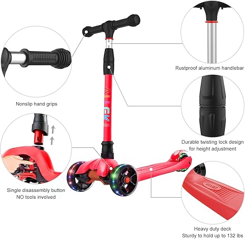 Miniatura 10 de Allek Kick Scooter B02, Lean 'N Glide Scooter con ruedas de poliuretano extra anchas y 4 alturas ajustables para niños de 3 a 12 años