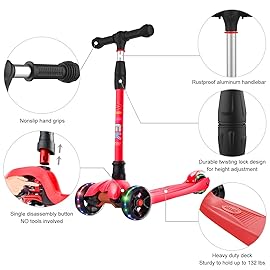 Allek Kick Scooter B02, Lean \'N Glide Scooter with Extra Wide PU Light-Up Wheels and 4 Adjustable Heights for Children from 3-12yrs (Red)