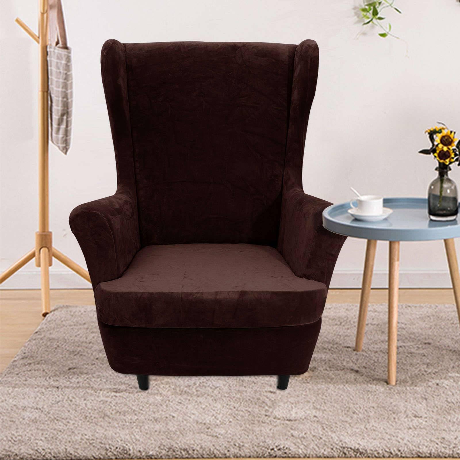 2 Pieces Velvet Wingback Chair Cover, Stretch Armchair Slipcover Non Slip Couch Sofa Cover with Elastic Bottom Washable Furniture Protector for Living Room-Coffee-Wing Chair