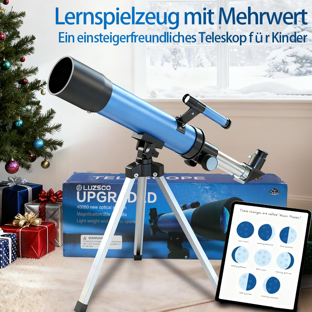 Teleskop für Kinder 8–12 Jahre, astronomisches Kinder-Teleskop mit Stativ, Anfänger-Teleskop 50 mm Öffnung, Mond, Vogelbeobachtung, pädagogisches Geschenk für Jungen und Mädchen, Alter 6–12