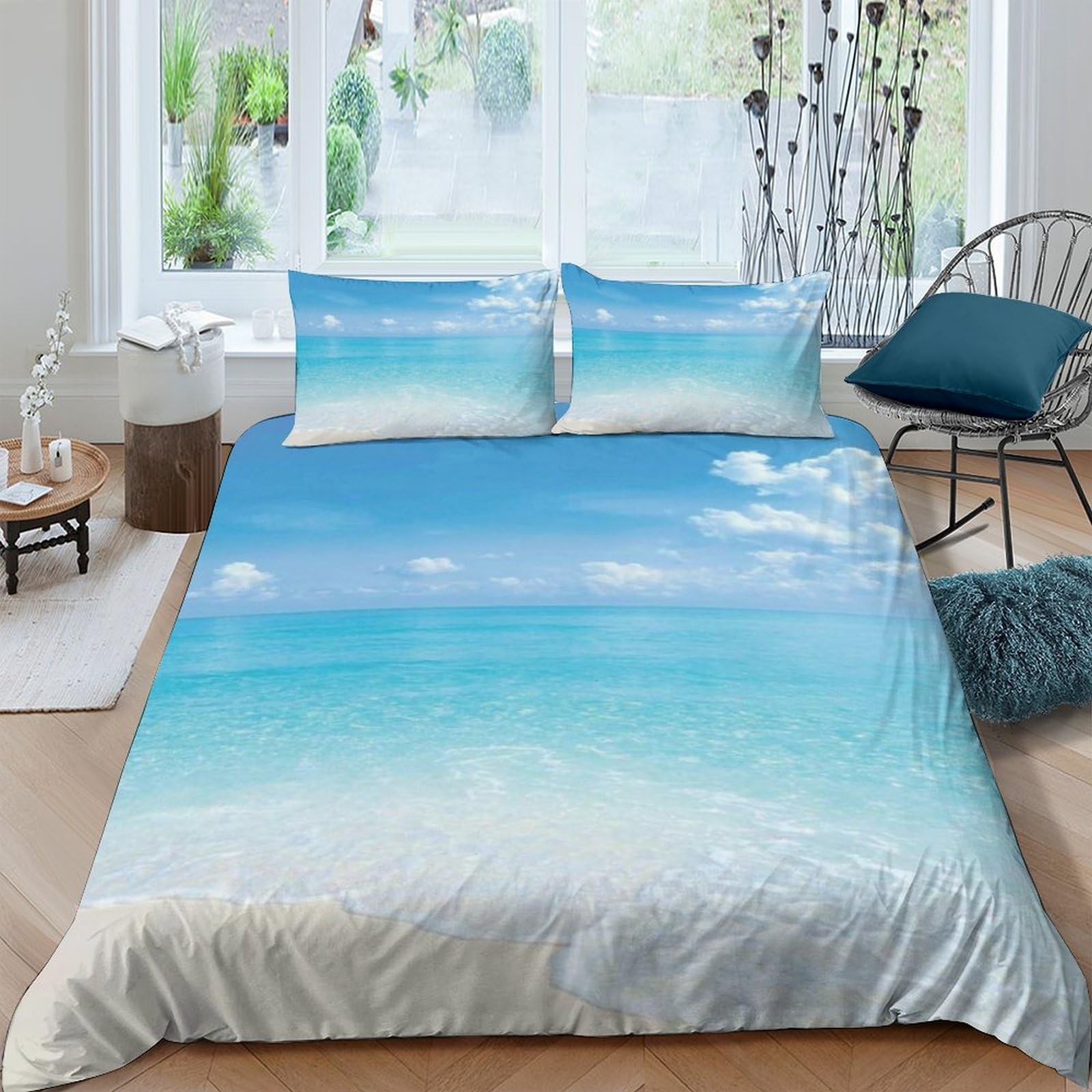 Ctjqhvkz Style-4 3D Printed Ocean Beach Fitted Sheet Microfiber Soft Breathable Sky Blue Mattress Cover For Bedroom Decor Single（135X200cm）