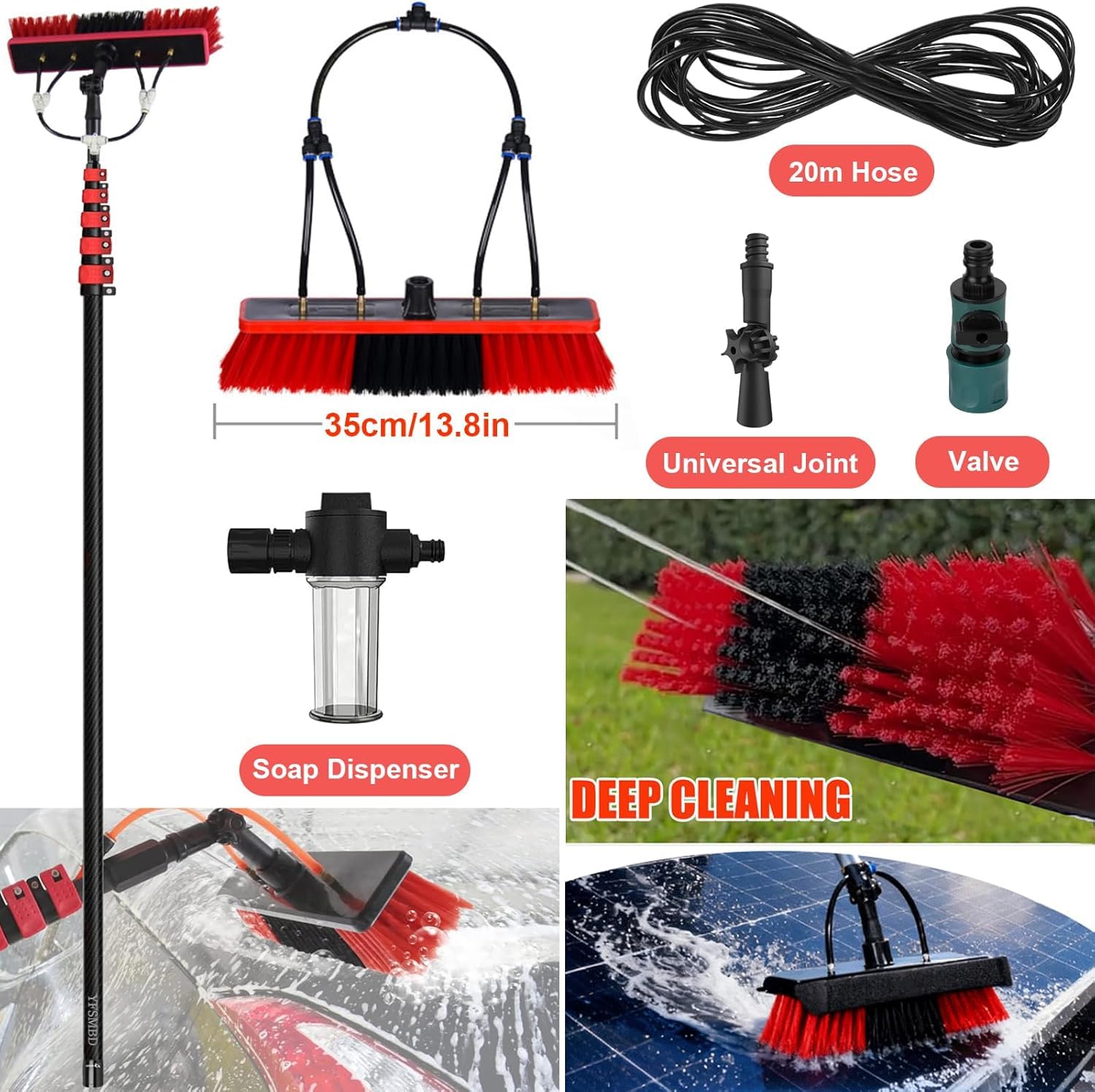 Palo telescópico alimentado por agua de fibra de carbono de 3,6 – 12 m para la limpieza del panel solar (tamaño 10,5 m, color: 35 cm cepillo)