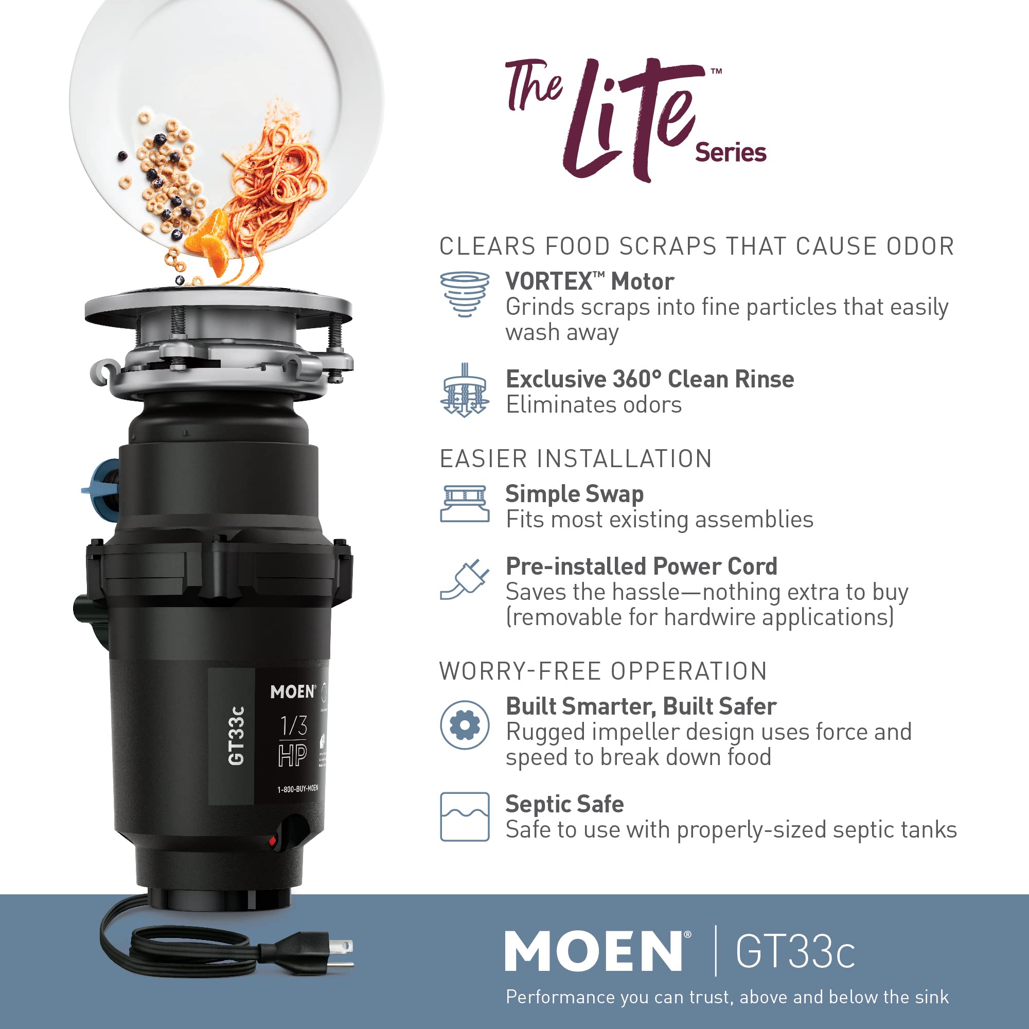 Moen GT33C Lite Series - Triturador de basura de alimentación continua de 1/3 caballos de fuerza con tecnología Fast Track, cable de alimentación incluido