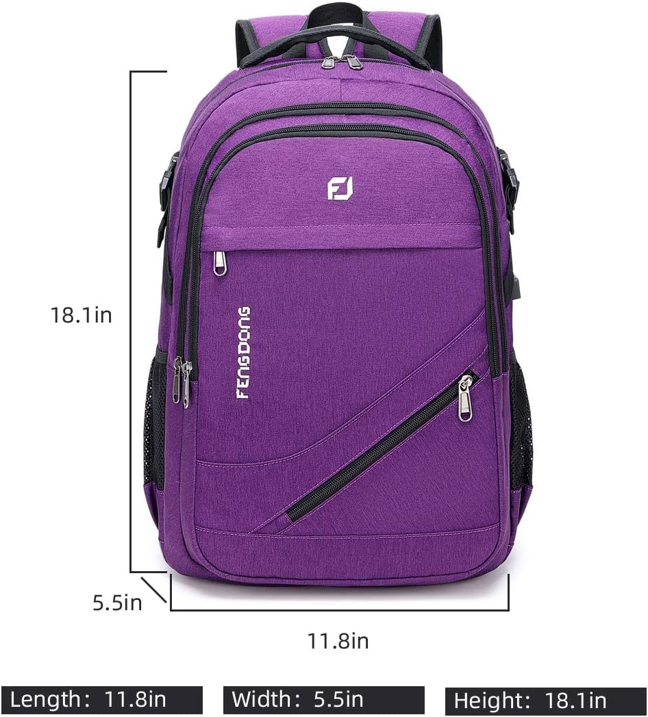 FENGDONG Durable Waterproof Travel Large Laptop Backpack 17.3 inch,College Backpack Bookbag for Men & Women Business Backpack with USB Charging Port and Headset Port Purple