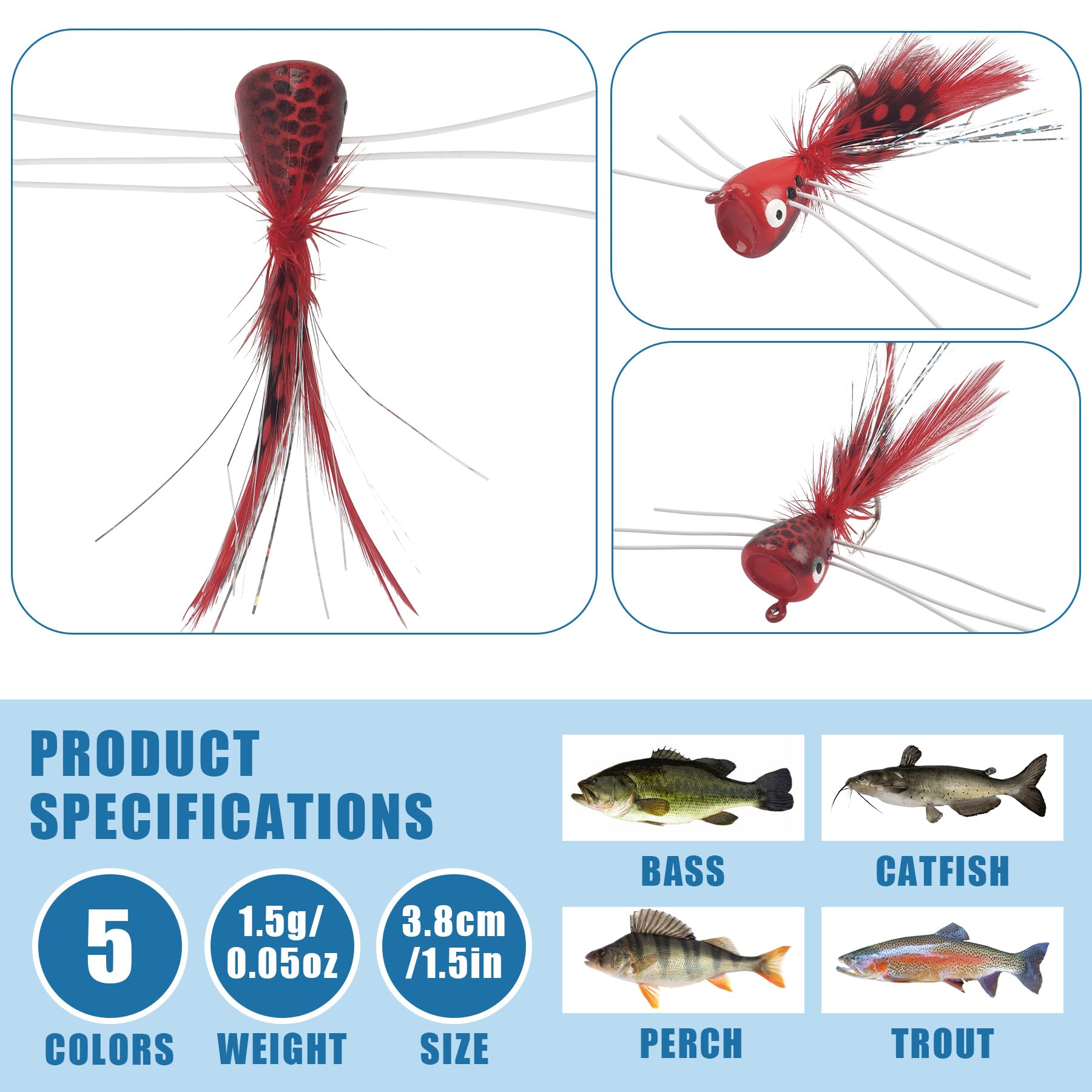 Topwater Fliegenfisch-Köder-Set, Trockenfliegen-Sortiment für Barsch, Panfish, Bluegill, Popper, Köder, Käfer mit Haken, Süßwasser