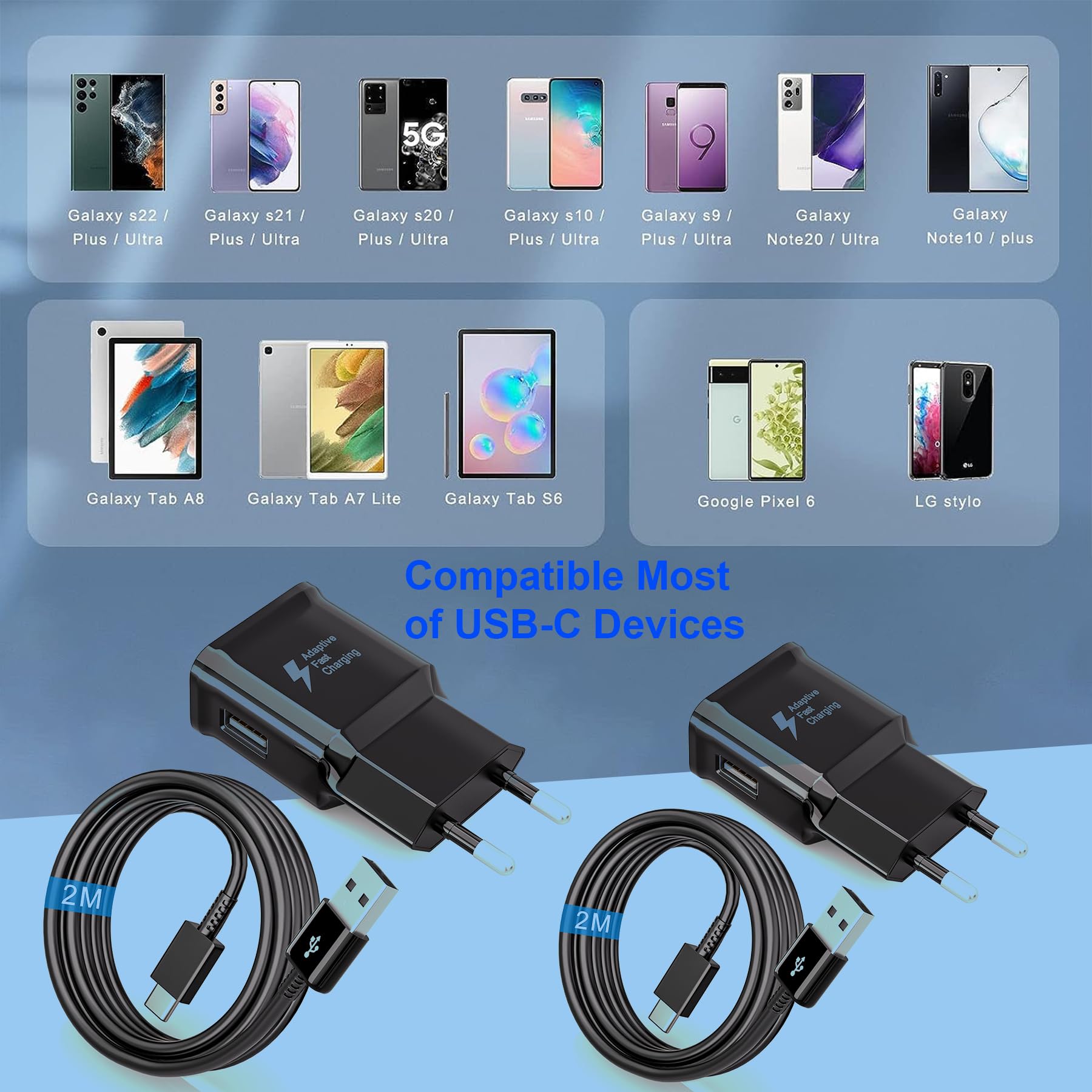 Caricatore USB 2-Pack, Caricatore Rapidoe con Cavo di Ricarica 2M, Carica Batterie Cellulare di Tipo C per Samsung A13 A14 A15 A20e A23 A32 A33 A34 A40 A51 S8 S9 S10 S20 S21 FE Ultra Plus Z Flip4